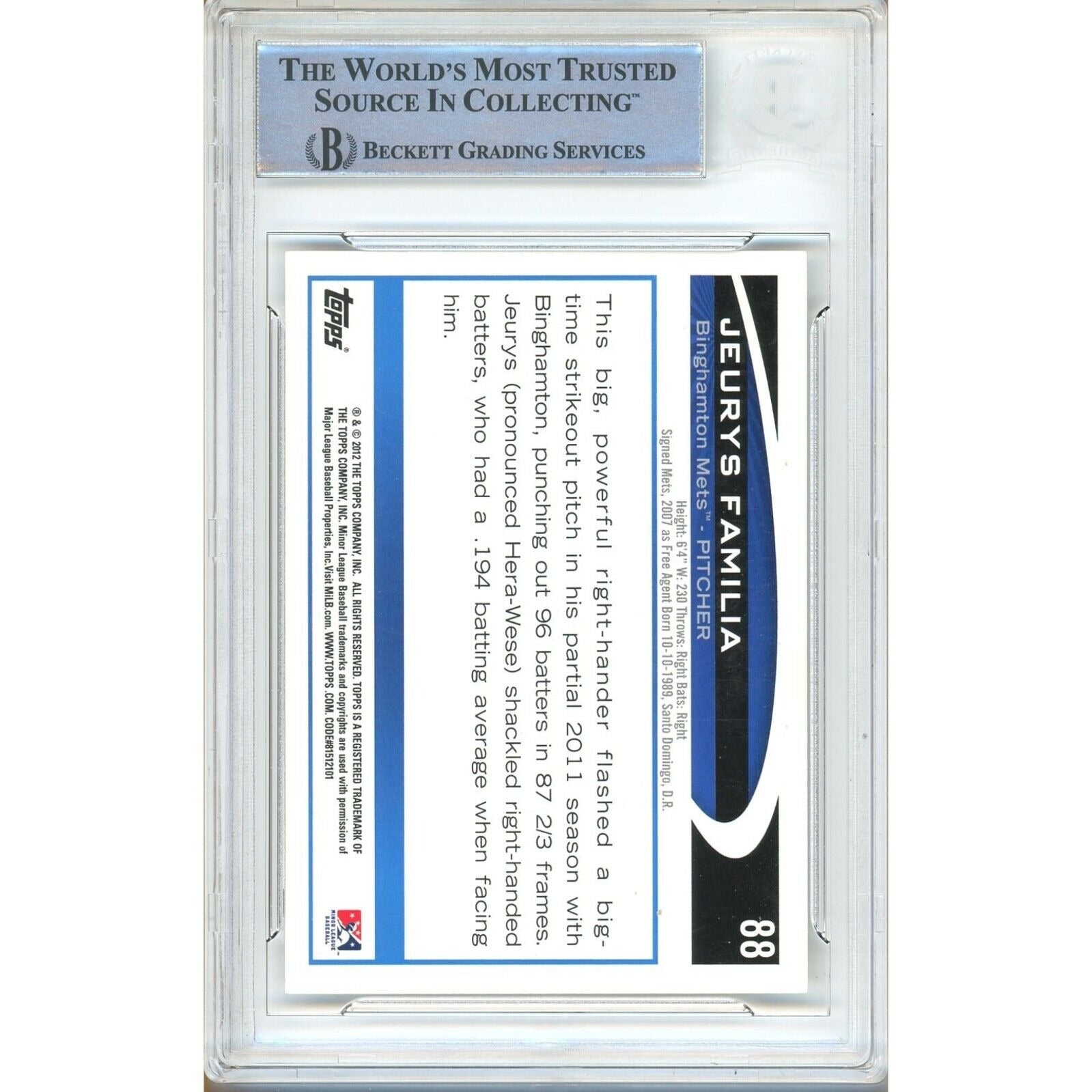 2012 Topps Jeurys Familia New York Mets Autograph Trading Card – Beckett BAS