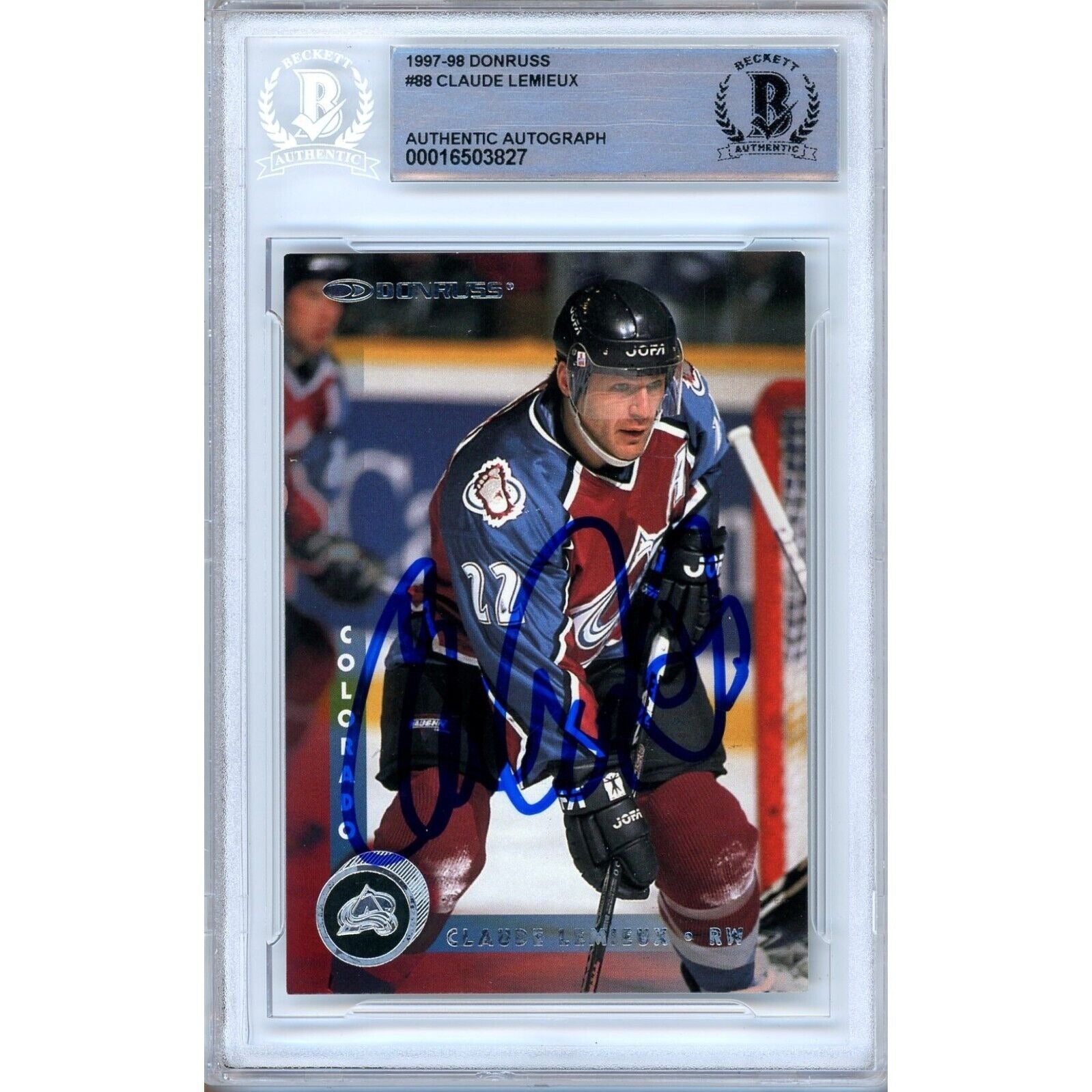1997 Donruss Claude Lemieux Colorado Avalanche Autographed Trading Card – Beckett BAS