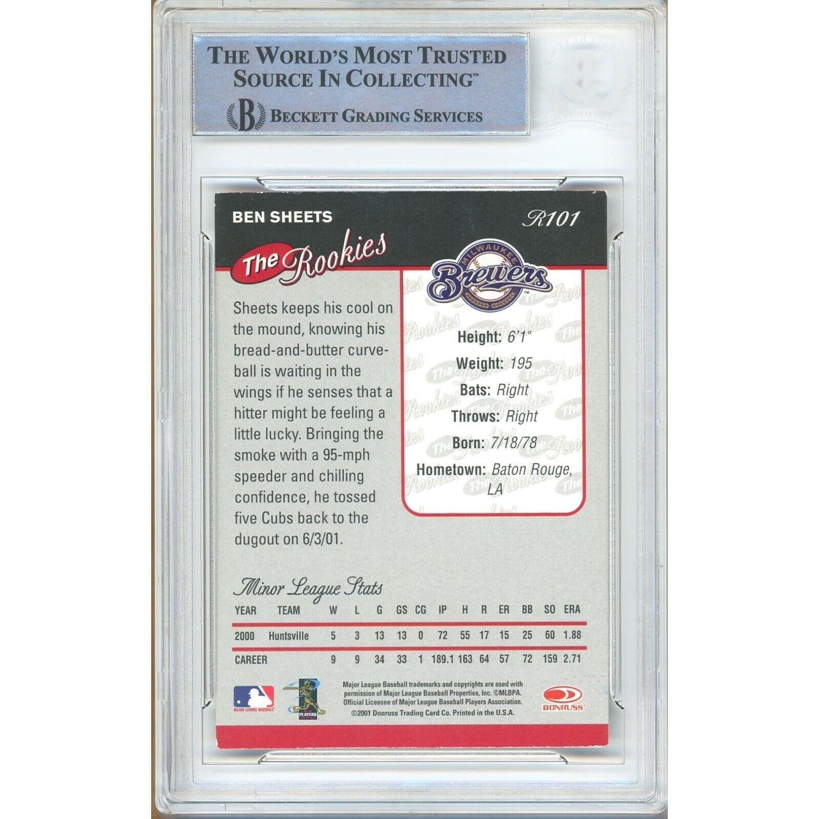2001 Donruss Ben Sheets Milwaukee Brewers Signed Trading Card – Beckett BAS