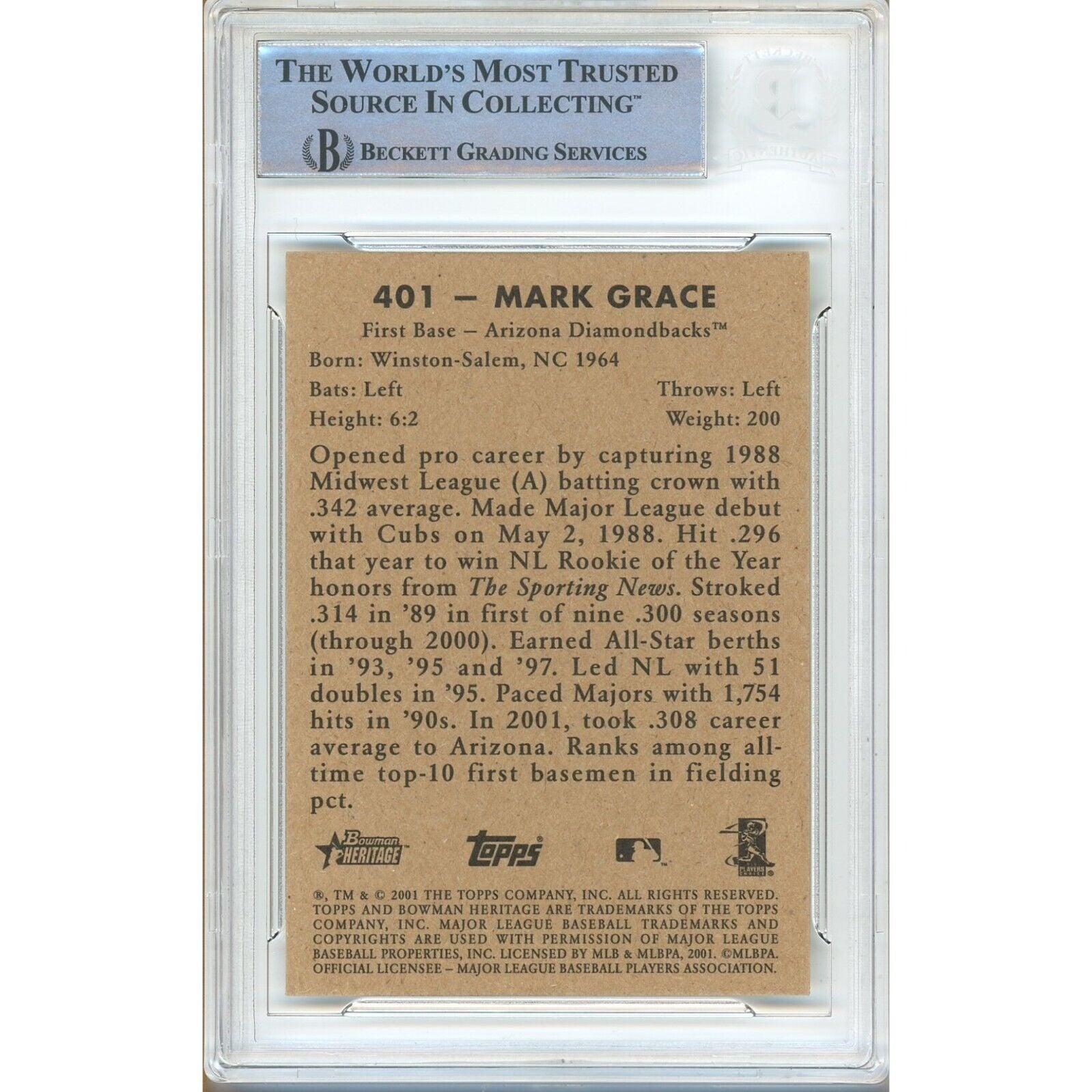 Mark Grace Az Diamondbacks signed trading card – signature close-up – Beckett COA