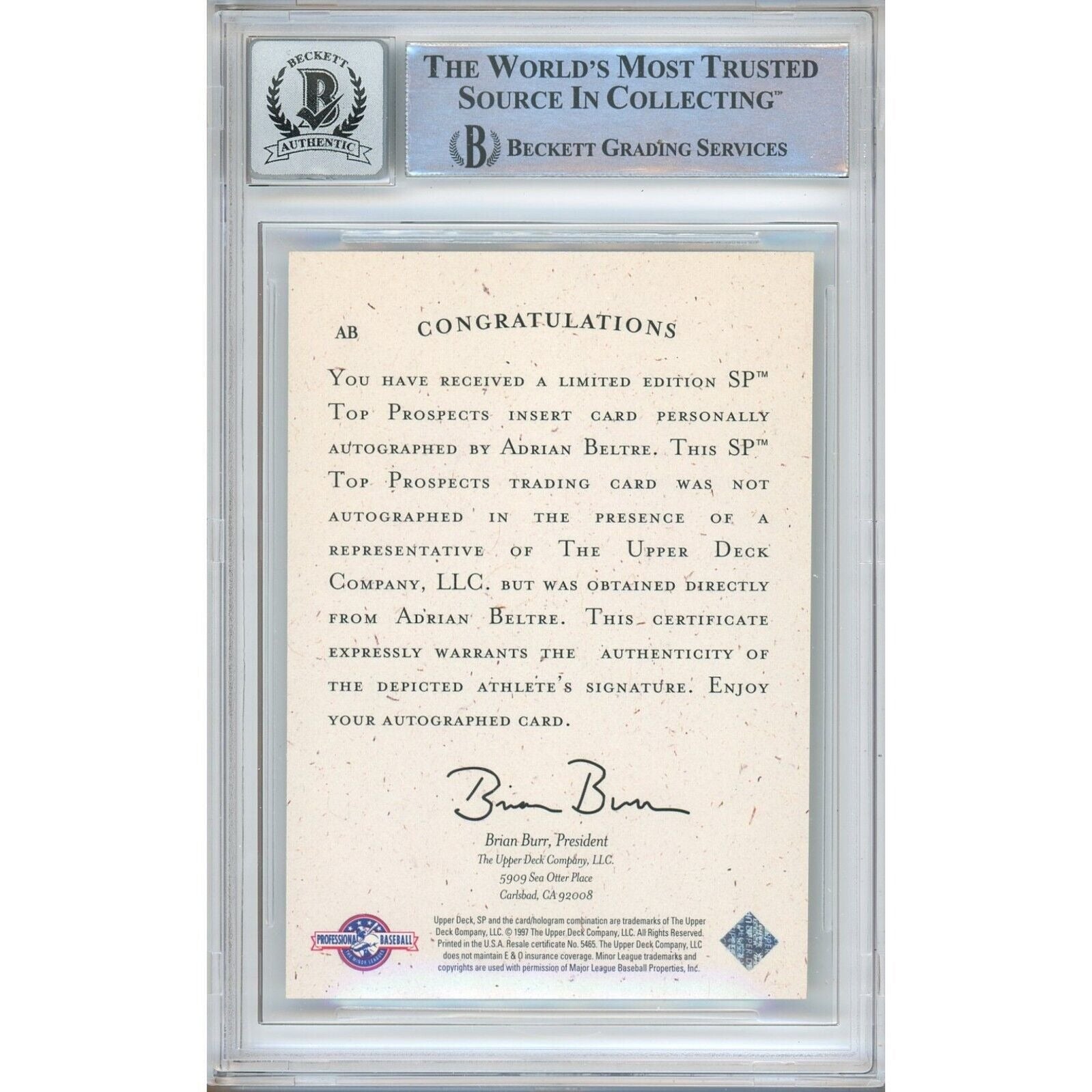 Adrian Beltre Top Prospects Autographs Signed Trading Card Beckett BGS