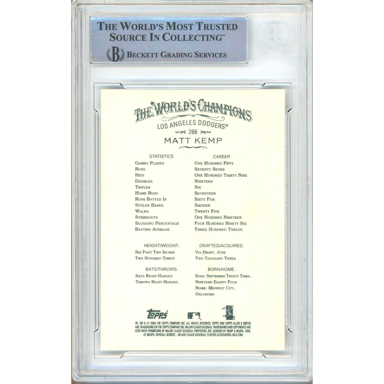 Matt Kemp La Dodgers signed trading card – signature close-up – Beckett COA