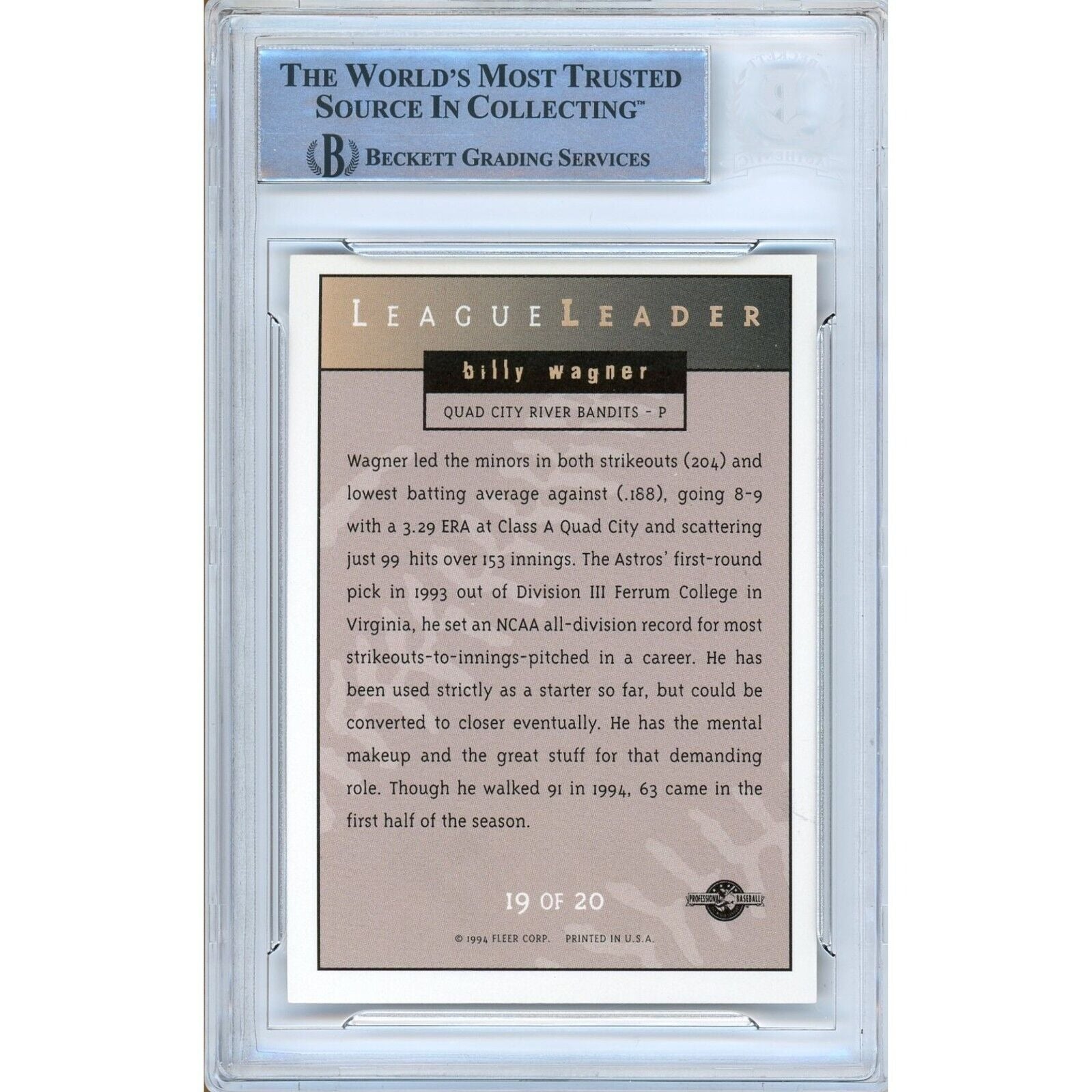 1994 Fleer #19 Billy Wagner Houston Astros Signed Trading Card – Beckett BAS