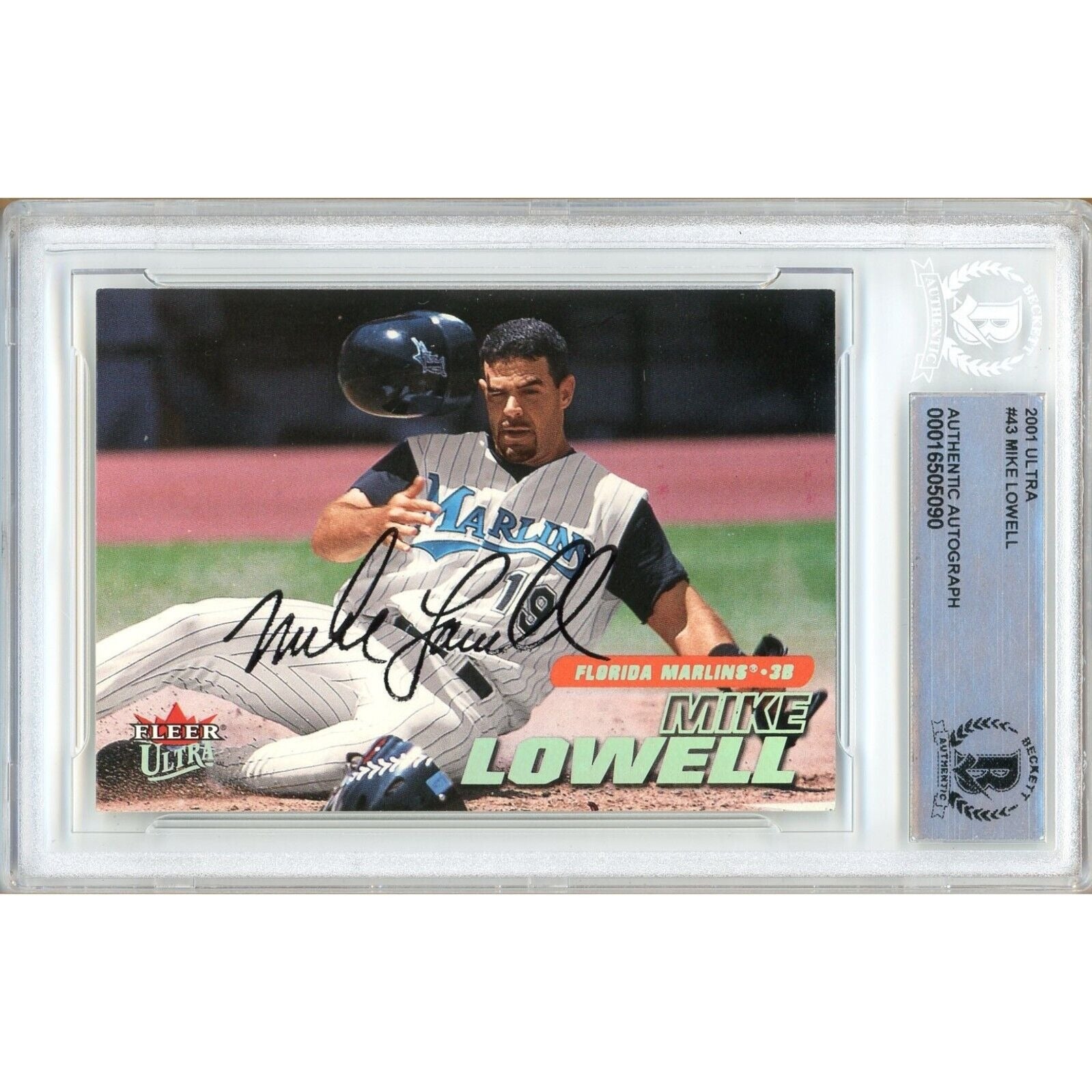 Mike Lowell Miami Marlins autographed trading card – full view – Beckett COA