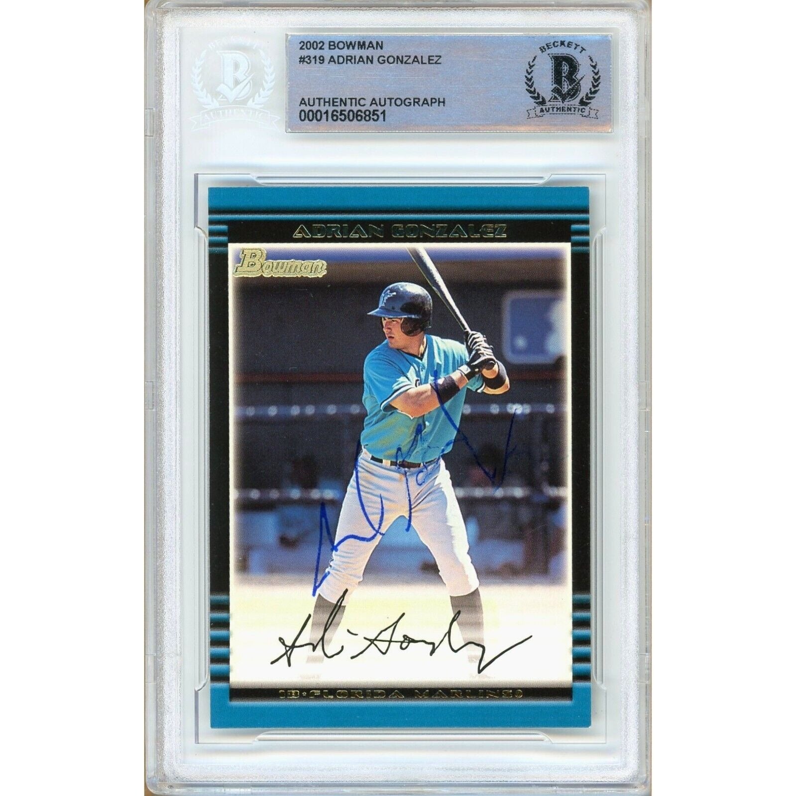 2002 Bowman #319 Adrian Gonzalez Miami Marlins Autographed Trading Card – Beckett BAS