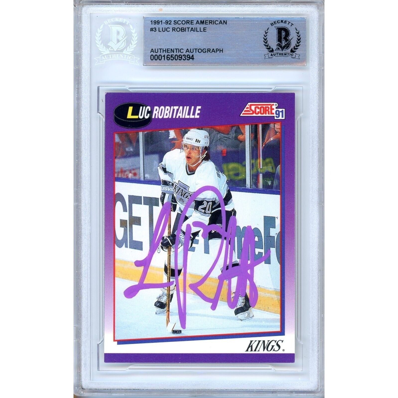 1991 Score #3 Luc Robitaille Los Angeles Kings Autographed Trading Card – Beckett BAS.
