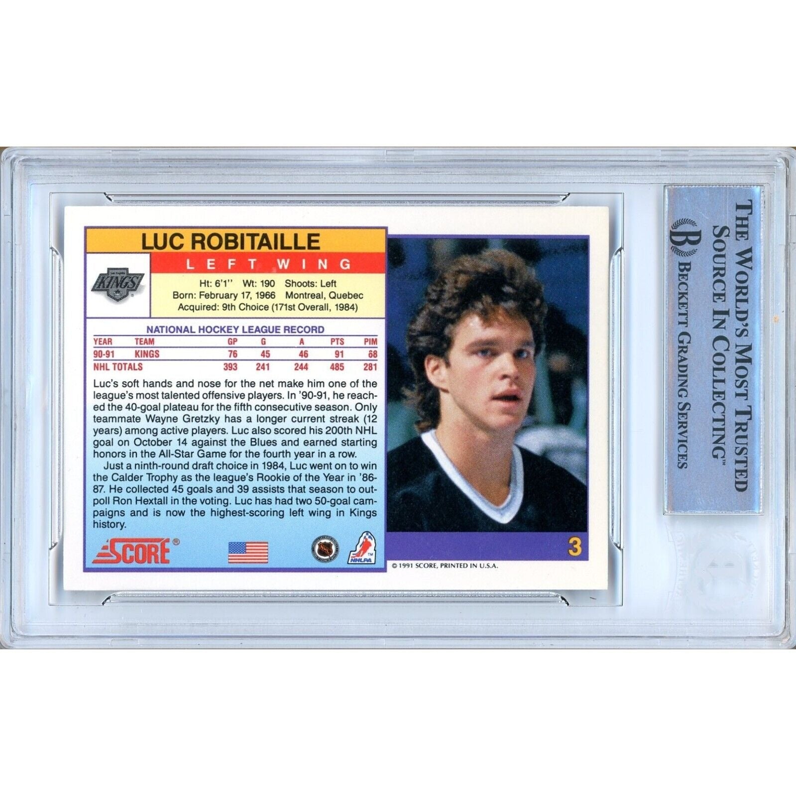 1991 Score #3 Luc Robitaille Los Angeles Kings Signed Trading Card – Beckett BAS.