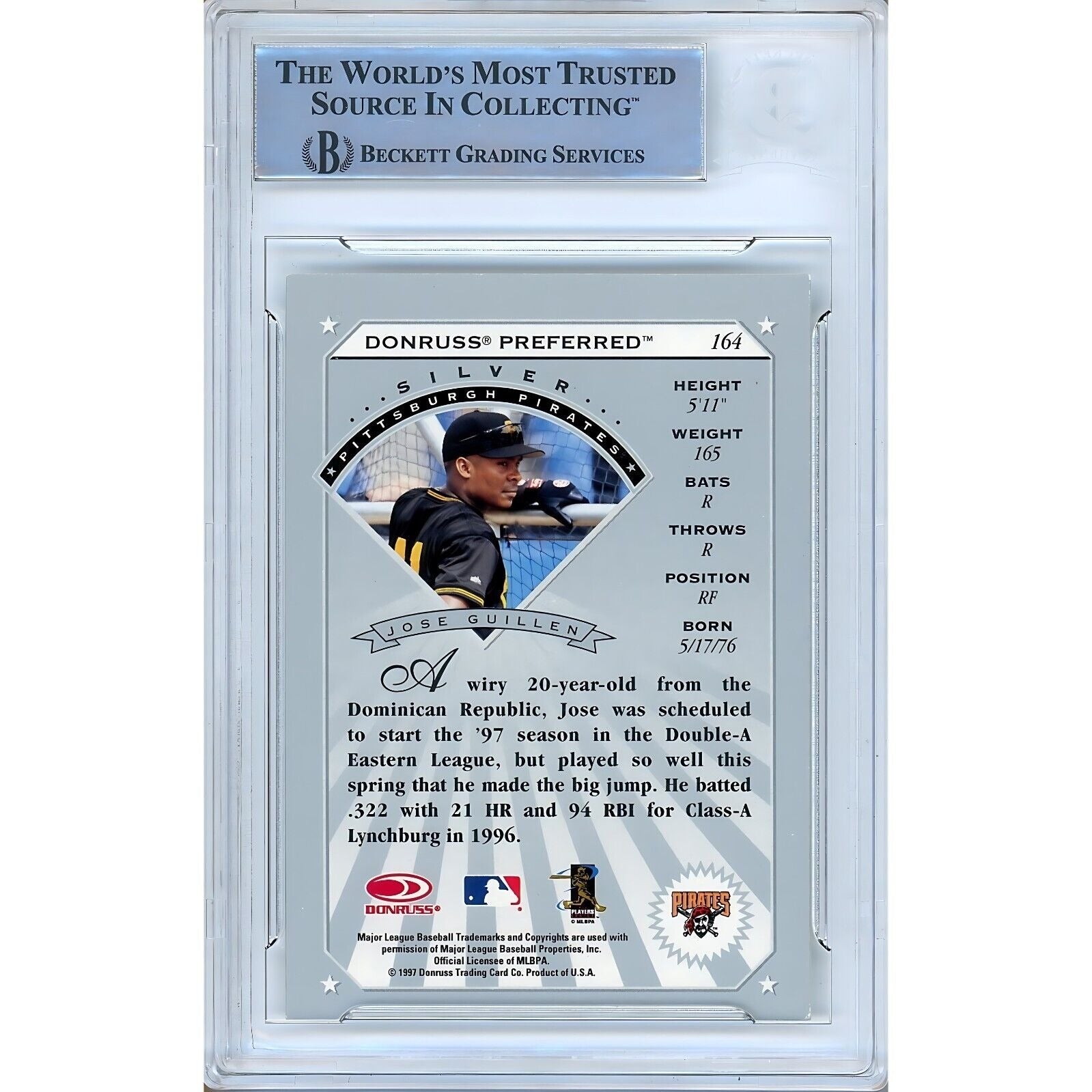 1997 Donruss #164 Jose Guillen Pittsburgh Signed Trading Card – Beckett BAS