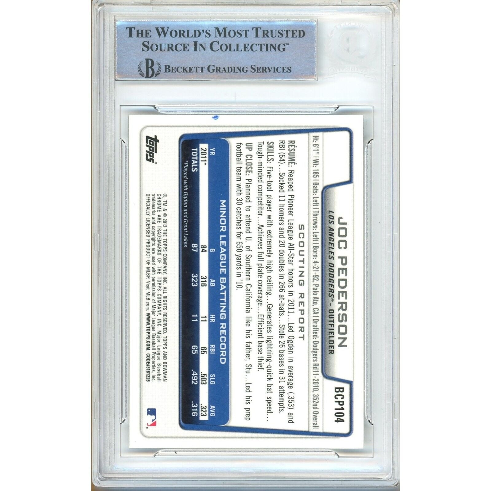 2012 Bowman Joc Pederson LA Dodgers Autograph Trading Card – Beckett BAS