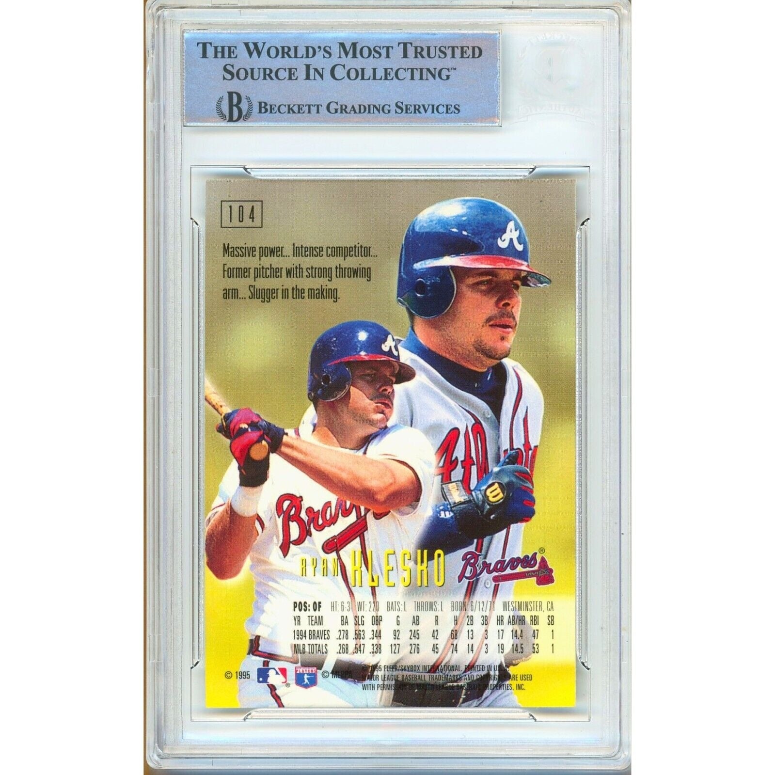 Ryan Klesko Atlanta Braves auto trading card – authentication sticker – Beckett COA