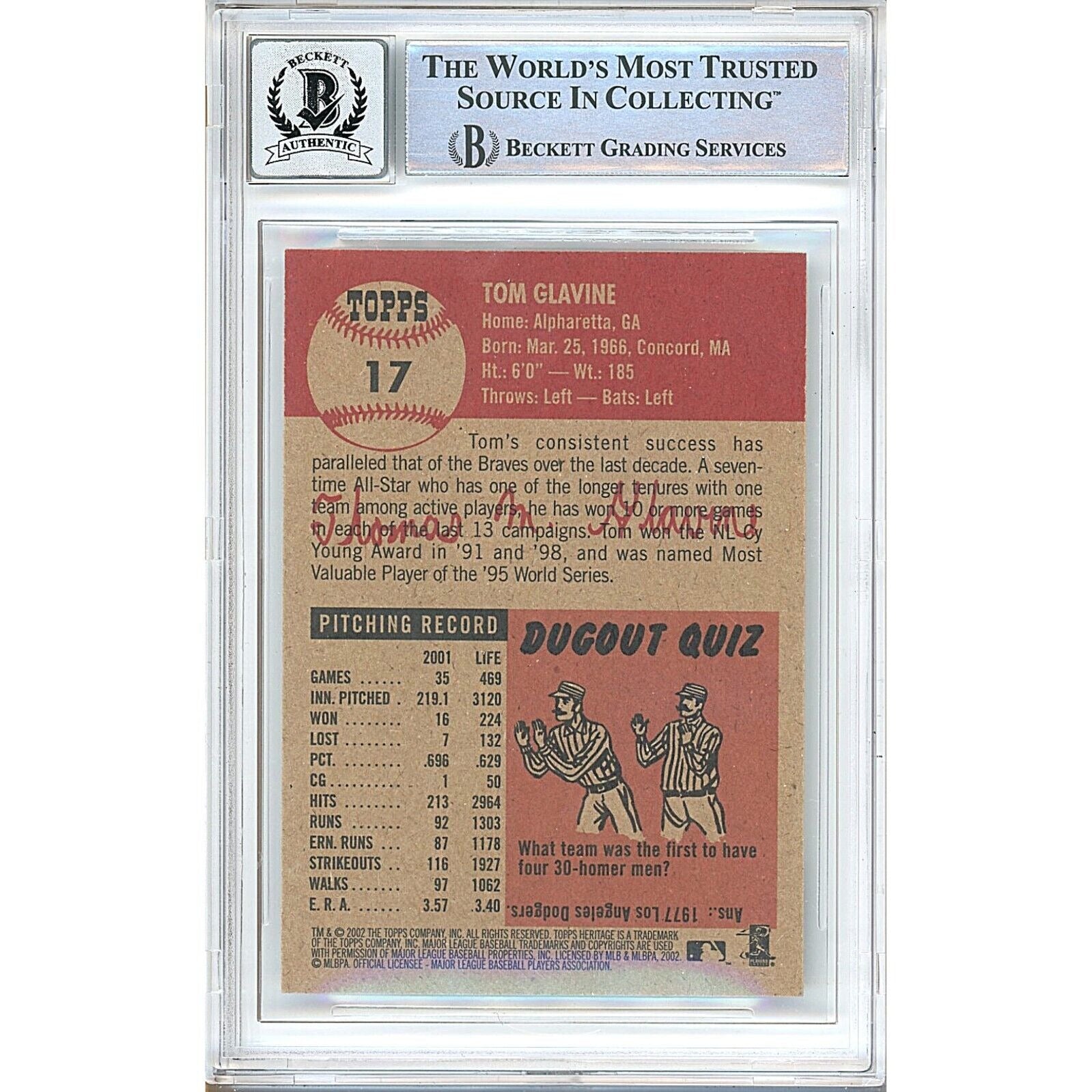 Tom Glavine Atlanta Braves signed trading card – signature close-up – Beckett COA