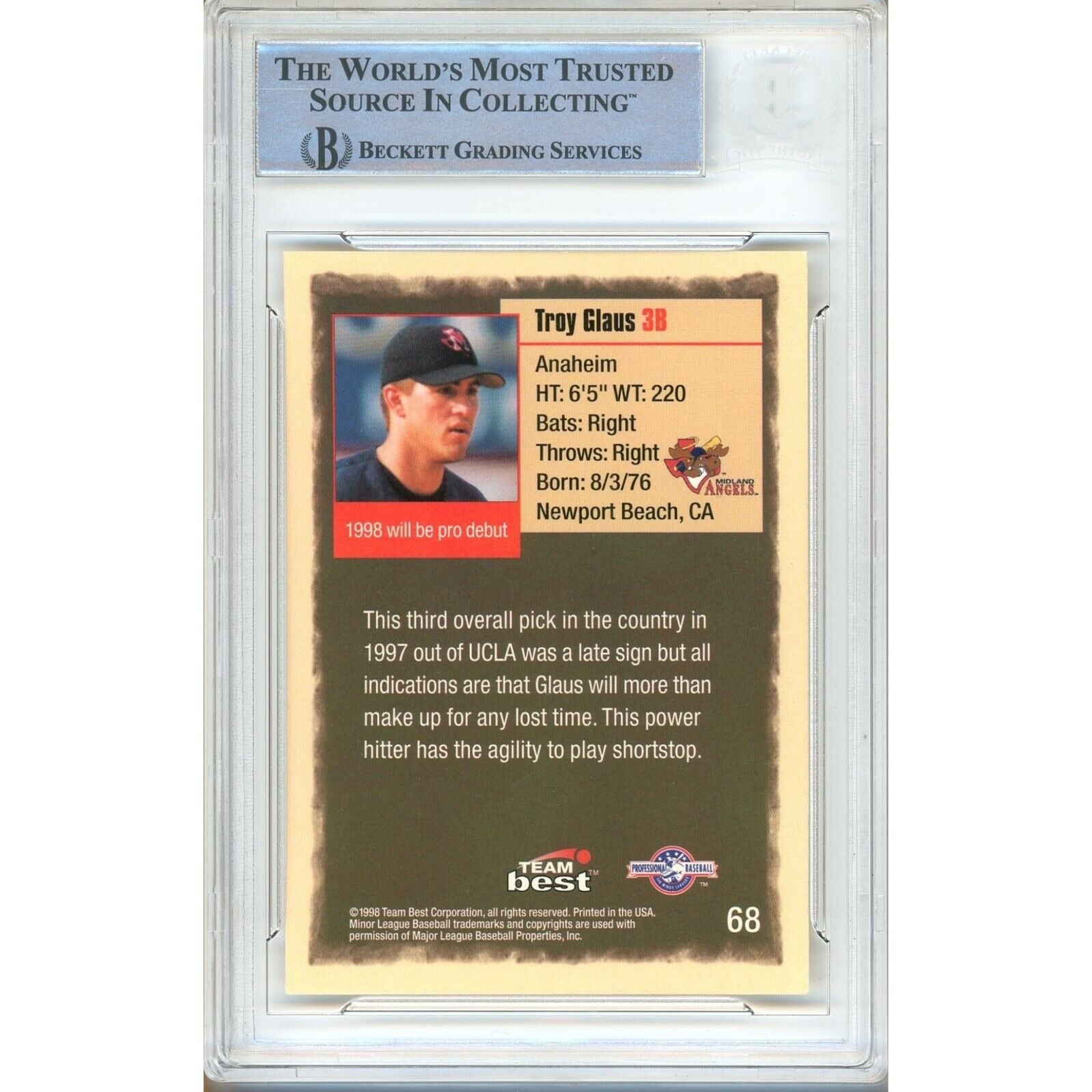 Troy Glaus Anaheim Angels signed trading card – signature close-up – Beckett COA