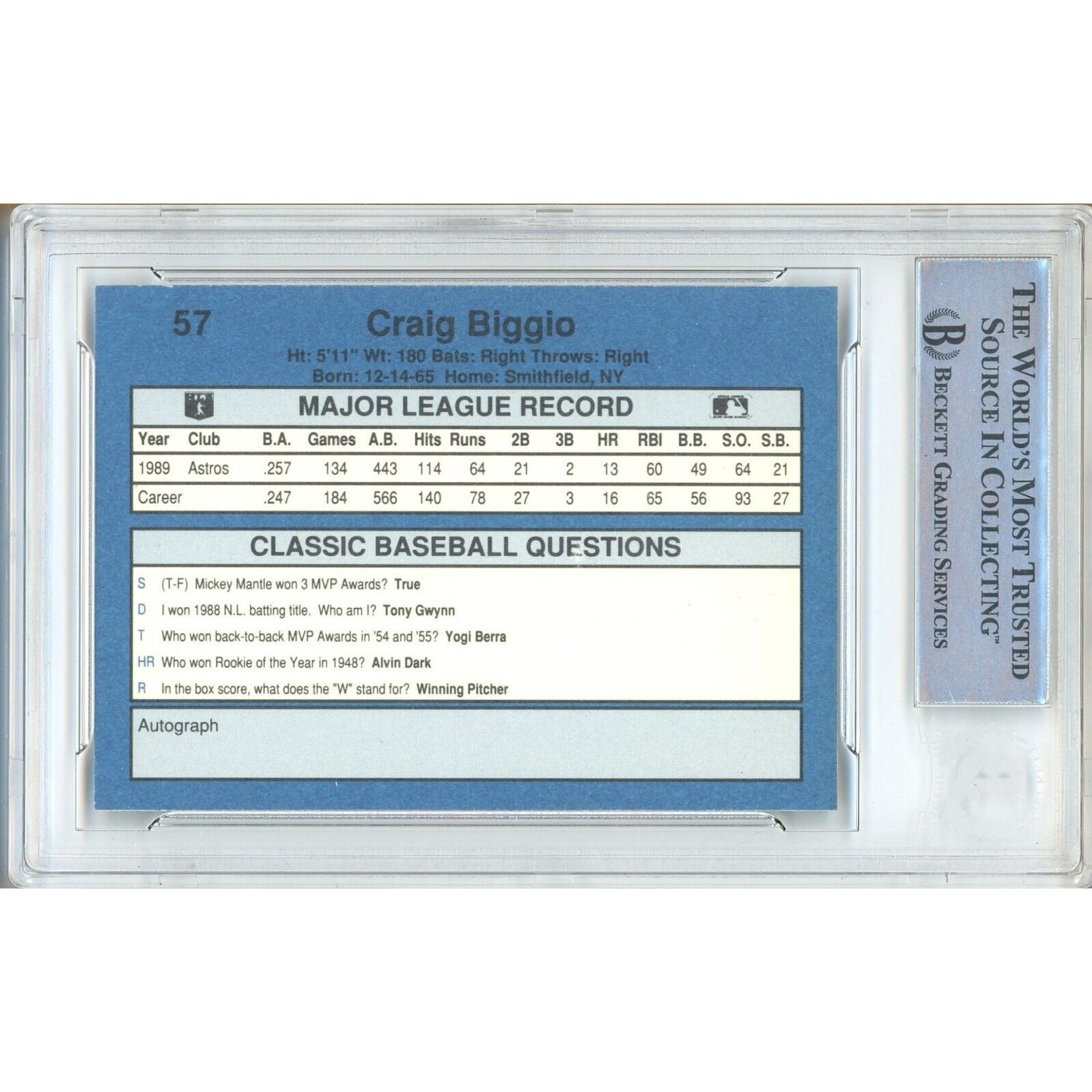 1990 Craig Biggio Houston Astros Signed Trading Card – Beckett BAS