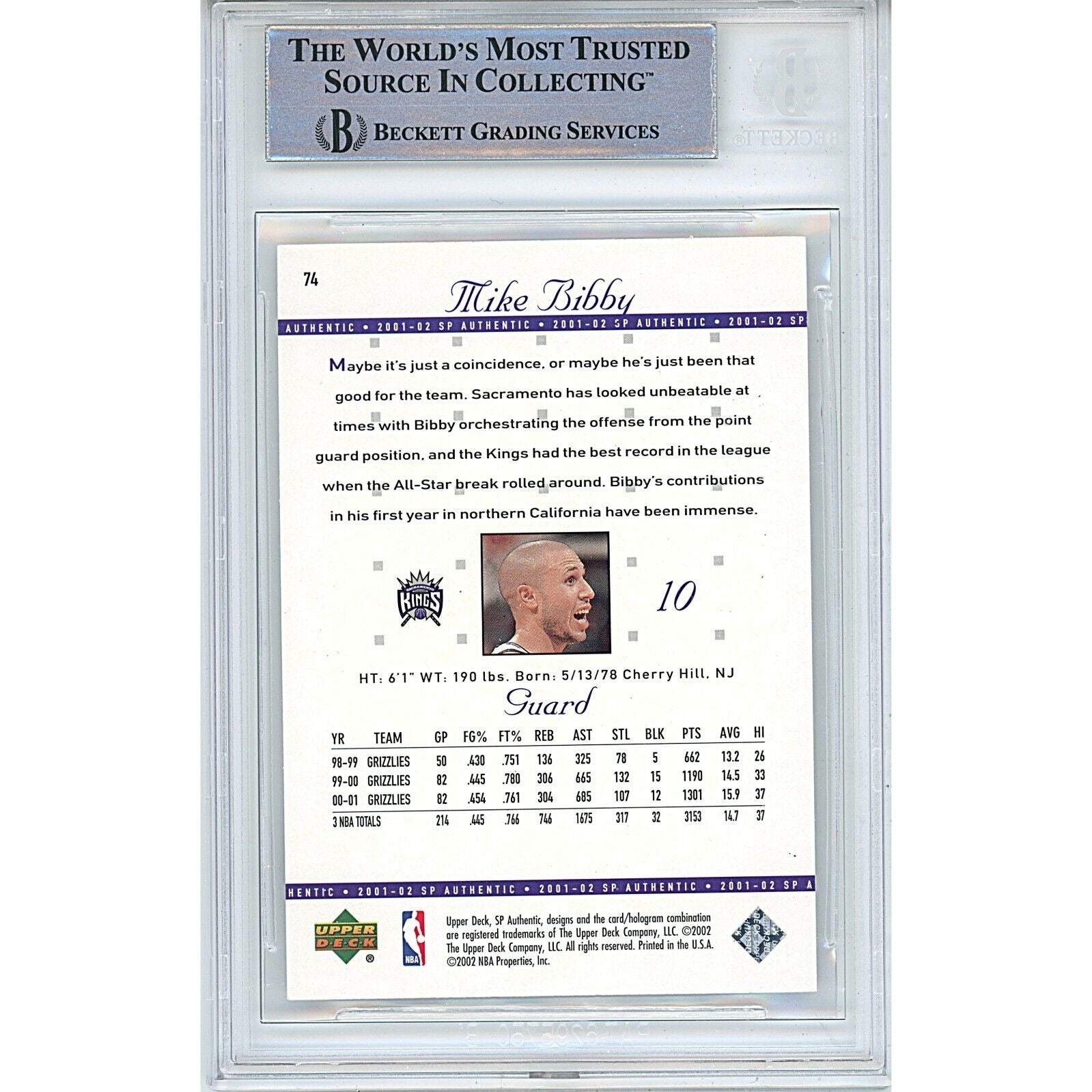 Mike Bibby Sacramento Kings signed trading card – signature close-up – Beckett COA
