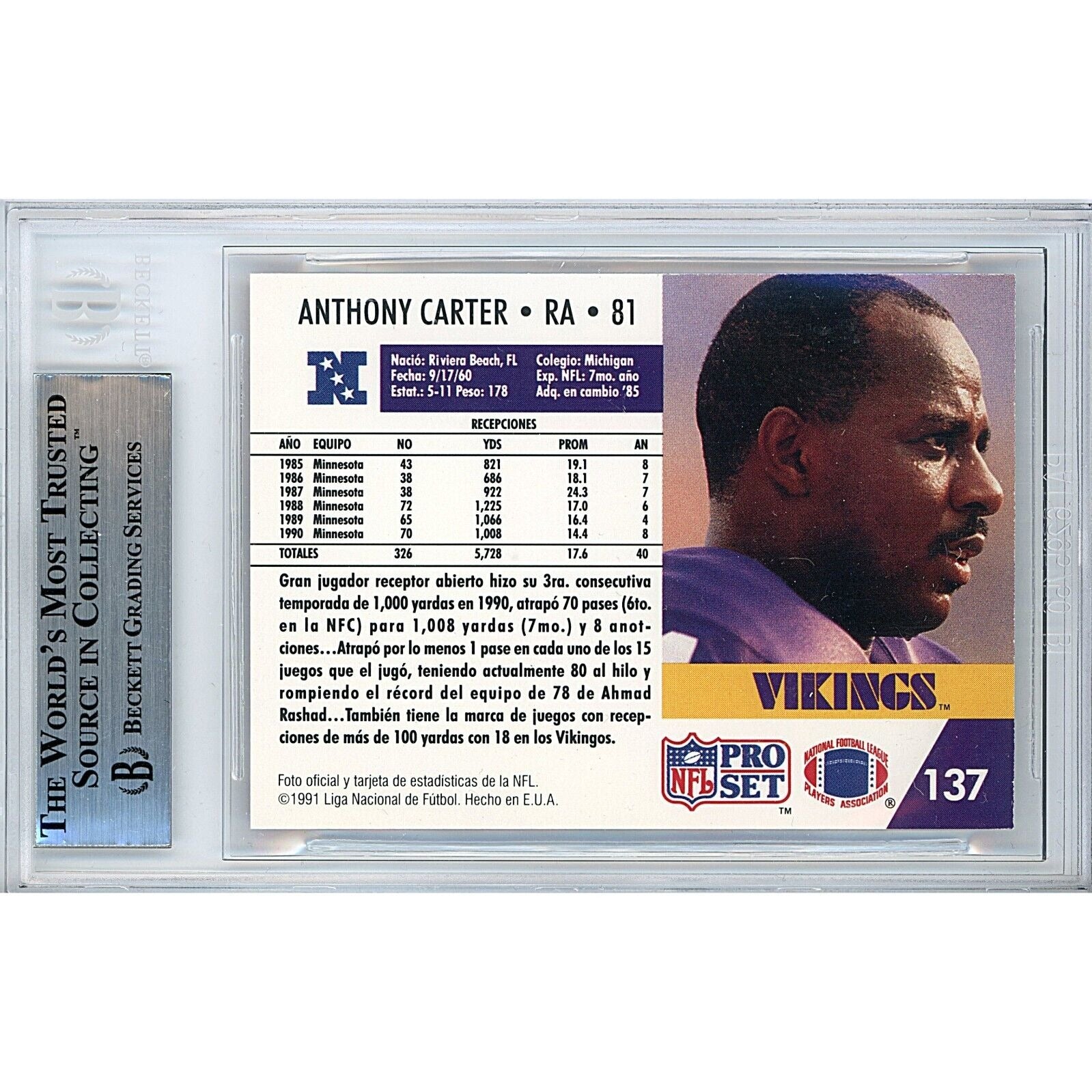 1991 #137 Anthony Carter Minnesota Vikings Signed Trading Card – Beckett BAS