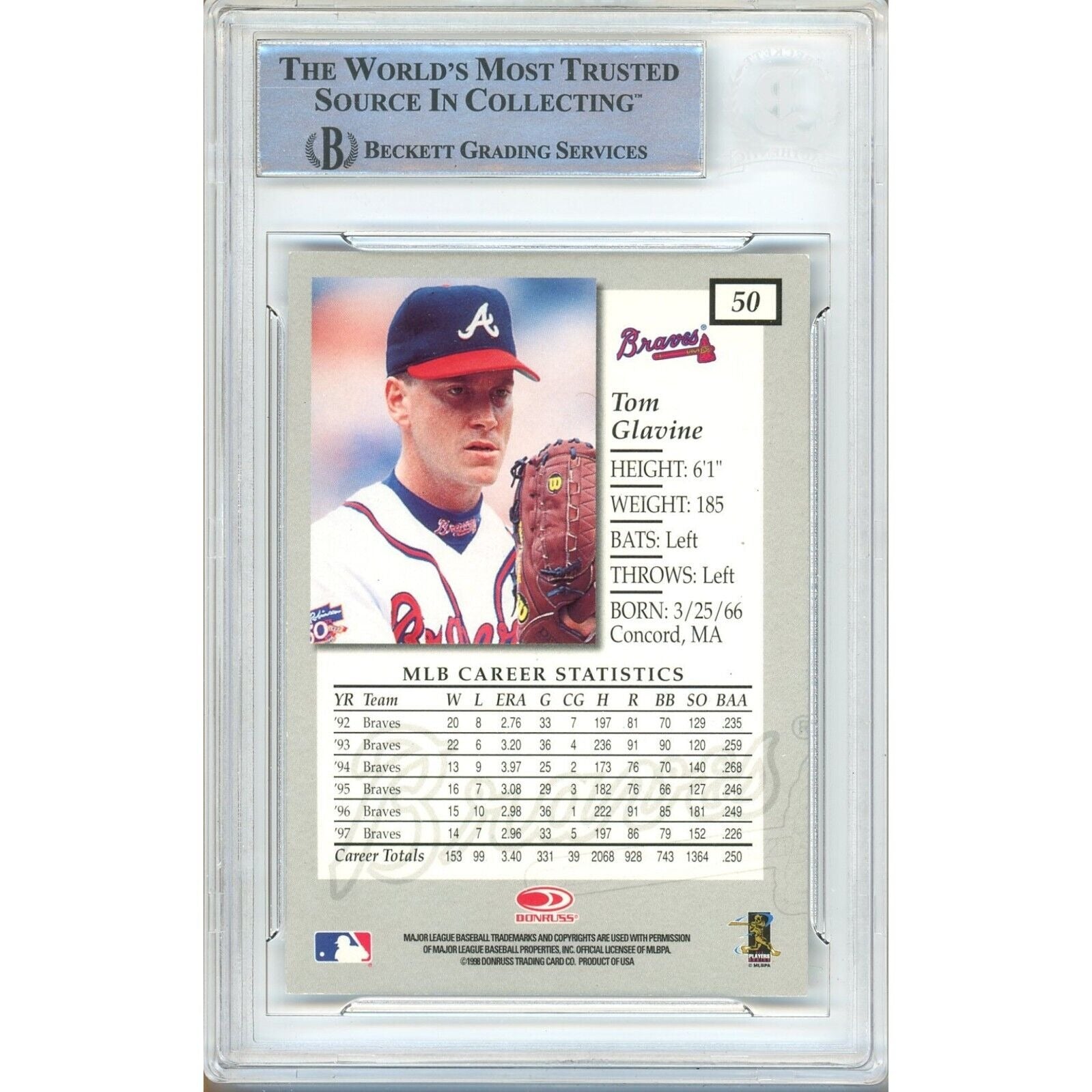 Tom Glavine Atlanta Braves signed trading card – signature close-up – Beckett COA