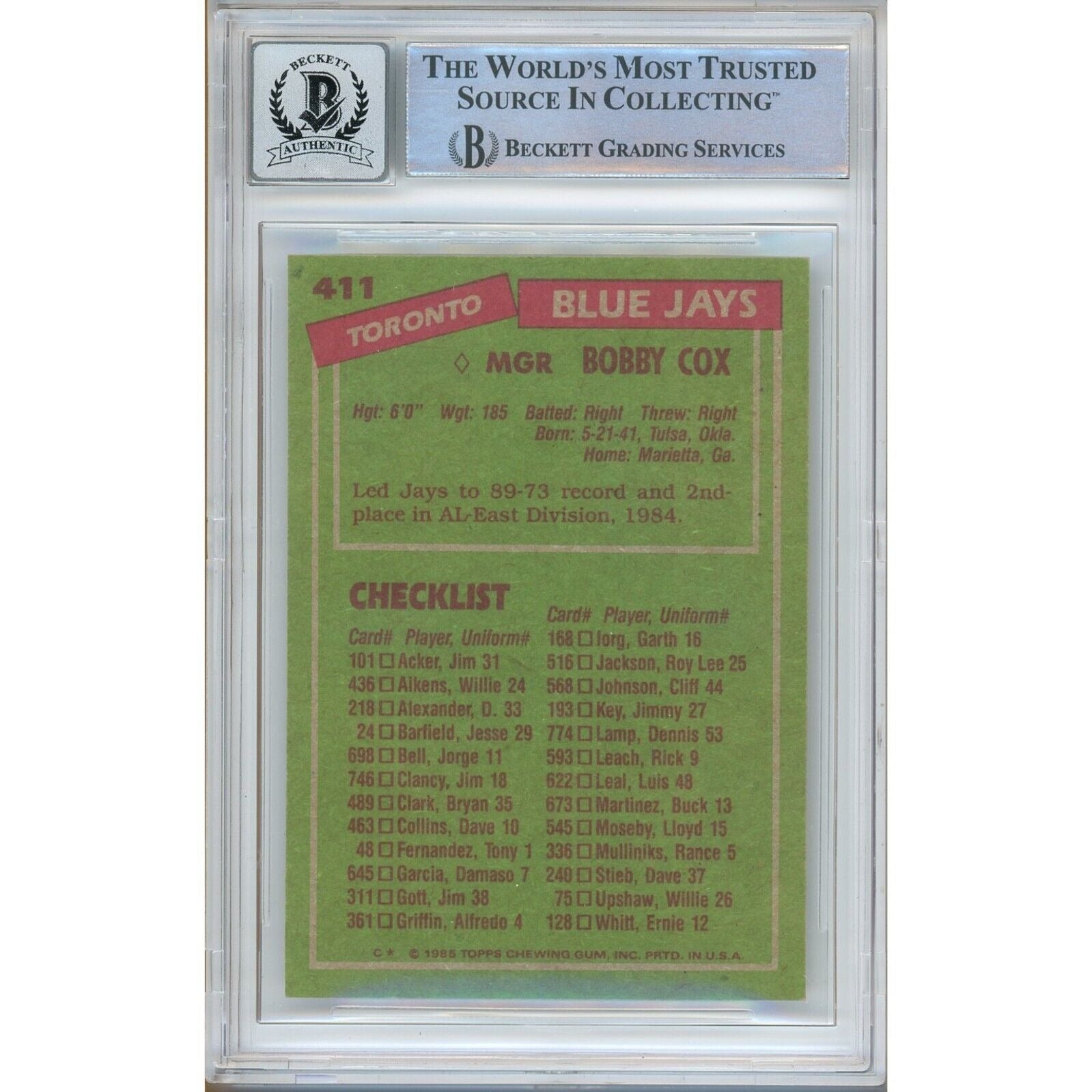 1985 Topps Bobby Cox Toronto Blue Jays Signed Trading Card – Beckett BAS