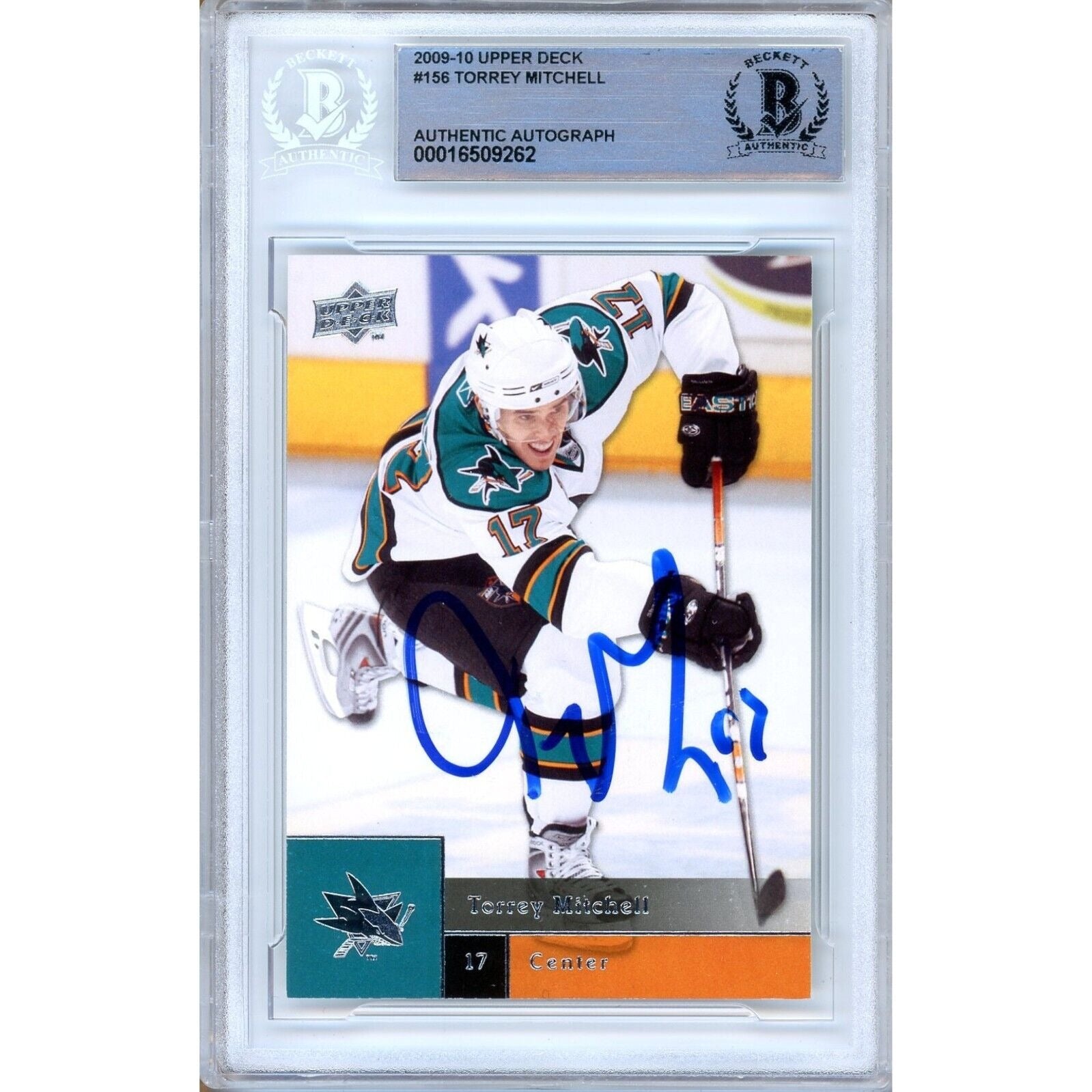 Torrey Mitchell San Jose Sharks autographed trading card – full view – Beckett COA