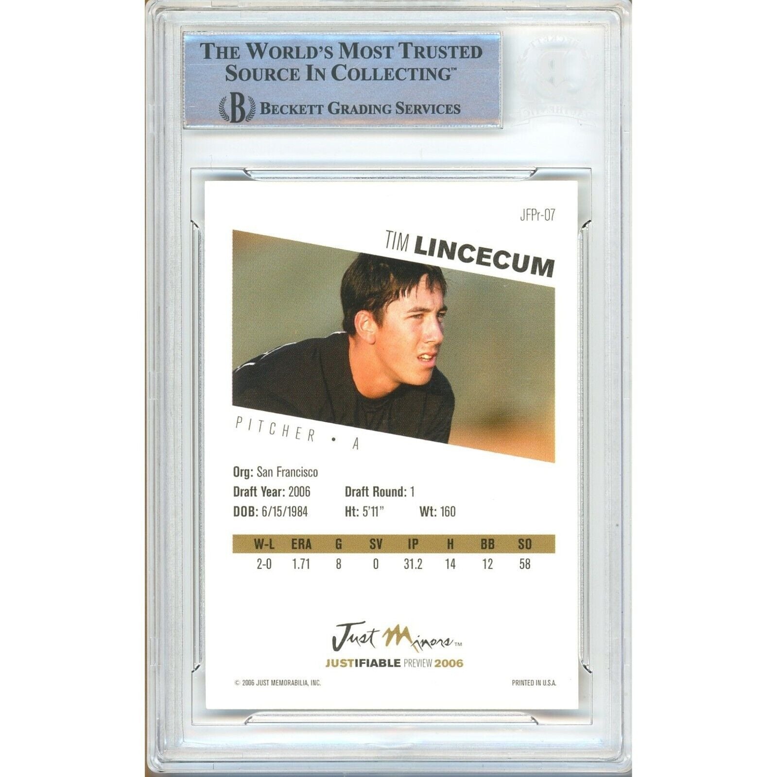 Tim Lincecum Sf Giants signed trading card – signature close-up – Beckett COA