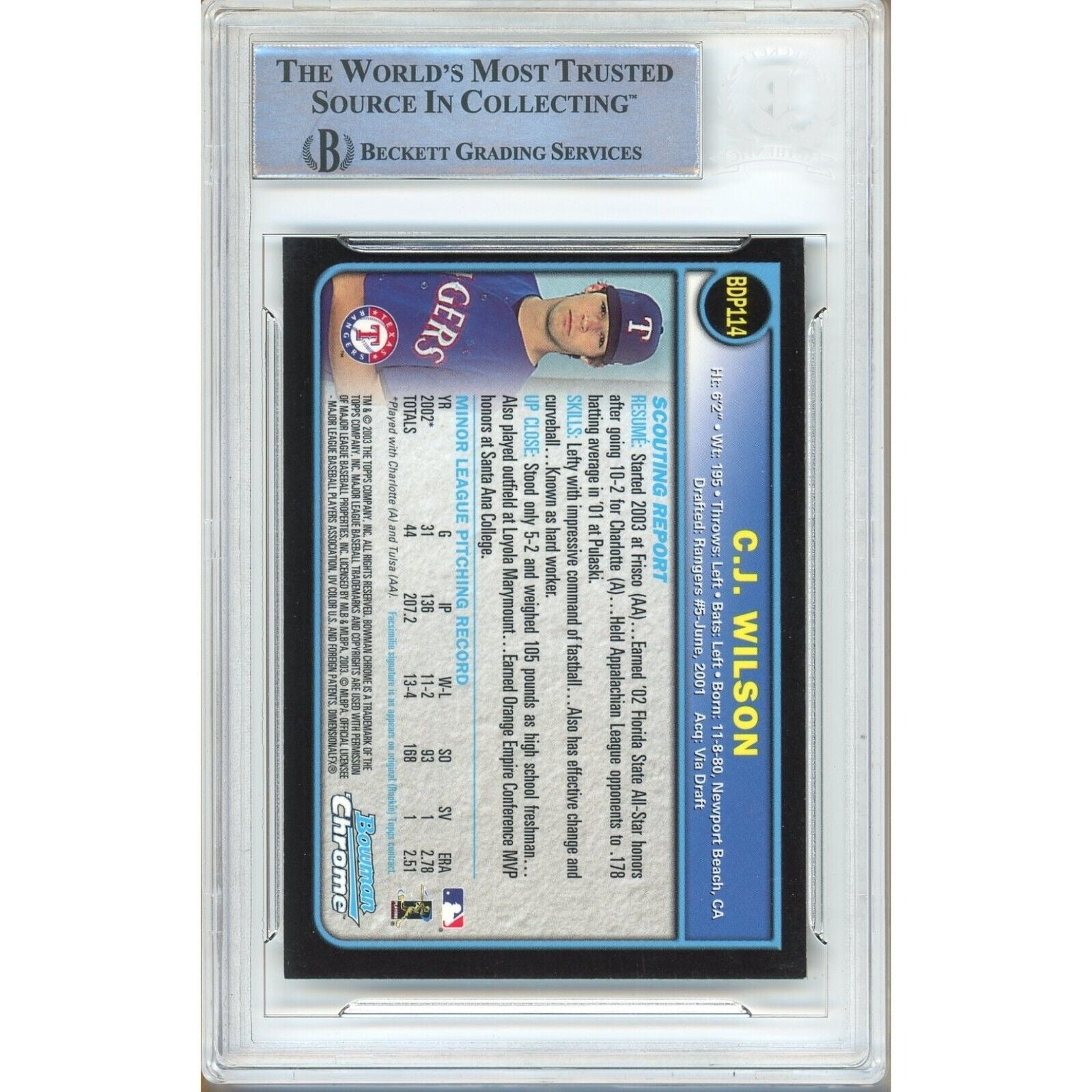 2003 Bowman #411 CJ Wilson Texas Rangers Autograph Trading Card – Beckett BAS