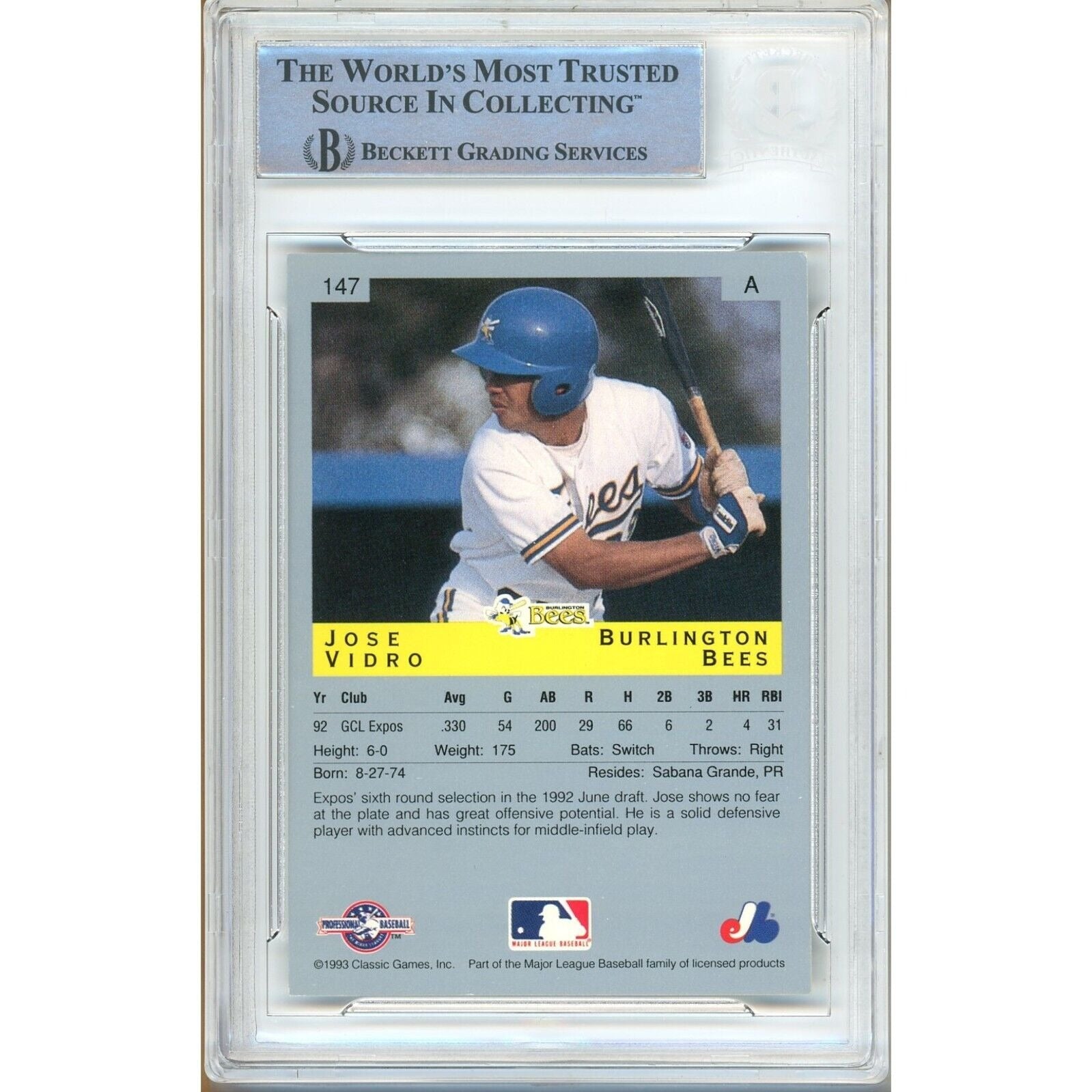 1993 Classic #136 Jose Vidro Seattle Seattle Mariners Autographed Trading Card Signed Trading Card – Beckett BAS