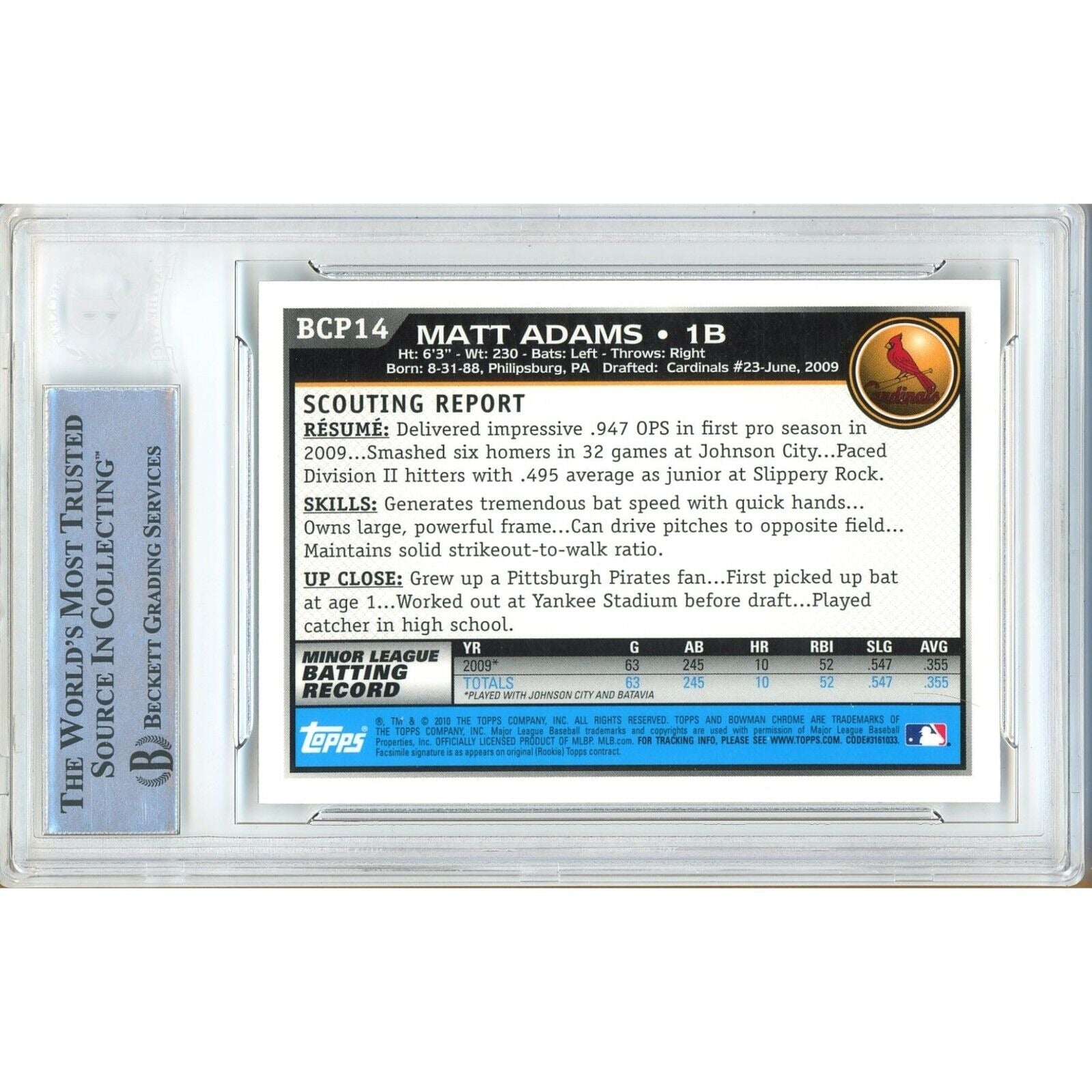 Matt Adams St Louis Cardinals signed trading card – signature close-up – Beckett COA