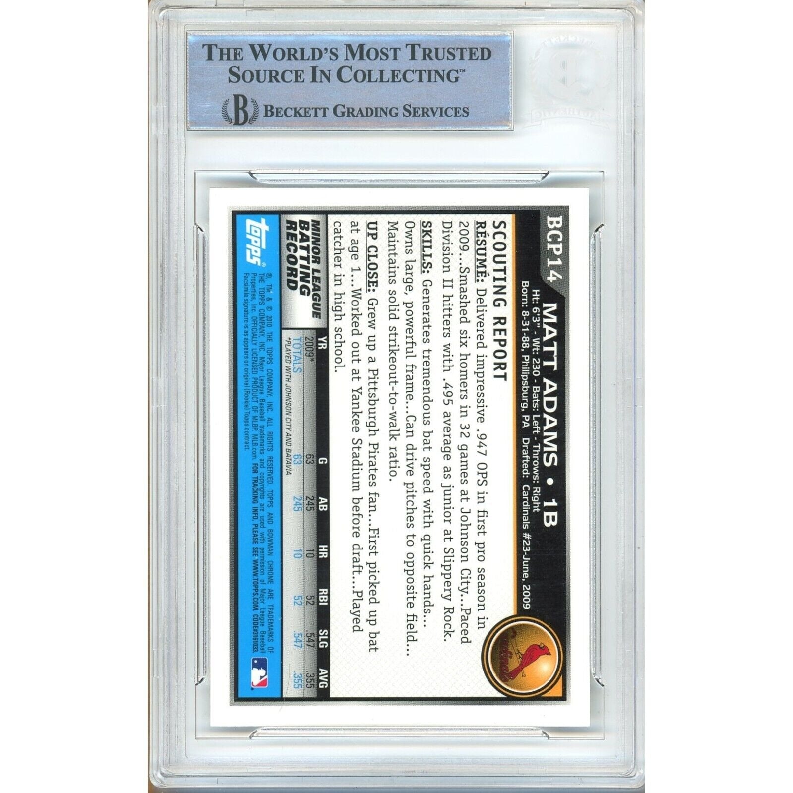 Matt Adams St Louis Cardinals auto trading card – authentication sticker – Beckett COA