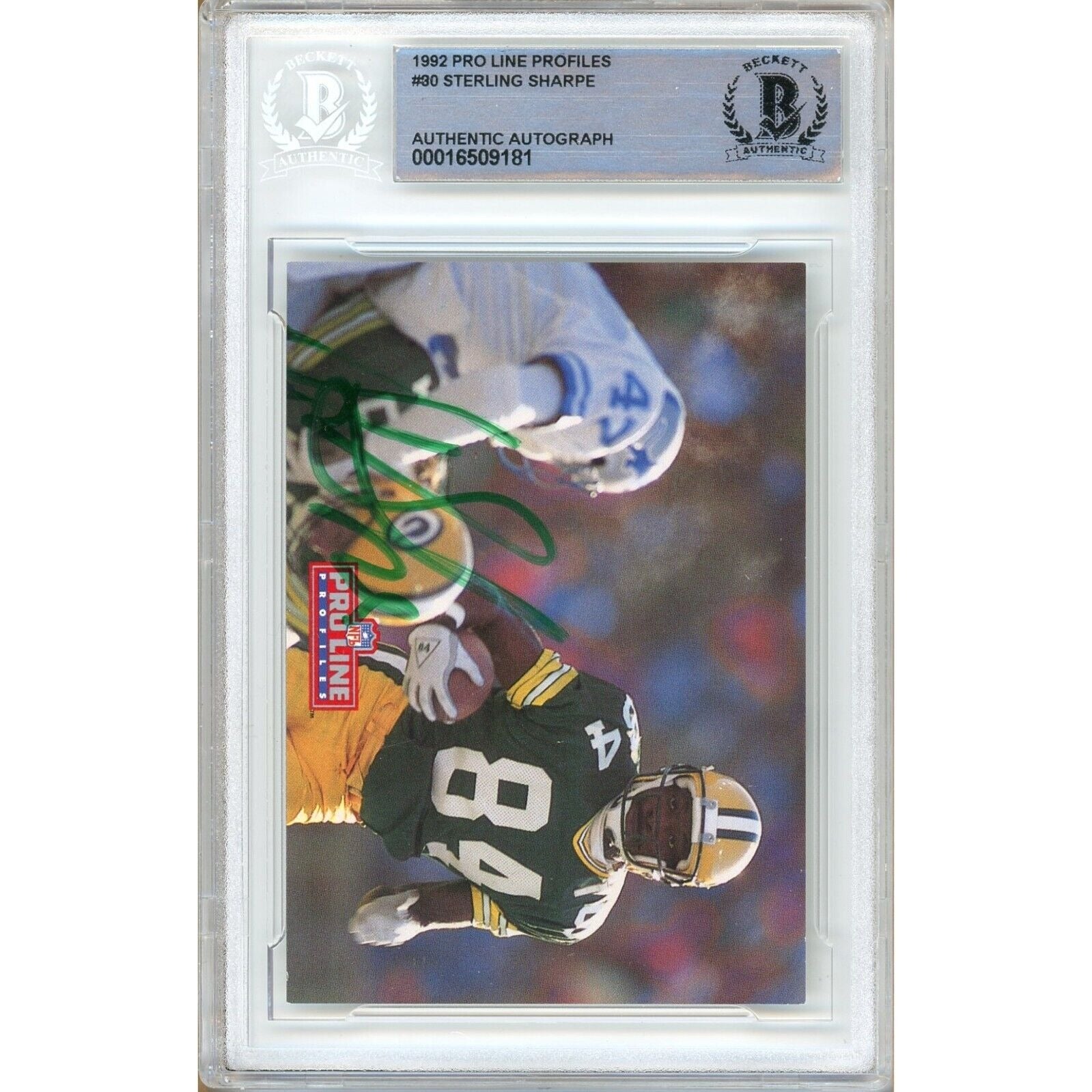 Sterling Sharpe Green Bay Packers signed trading card – signature close-up – Beckett COA