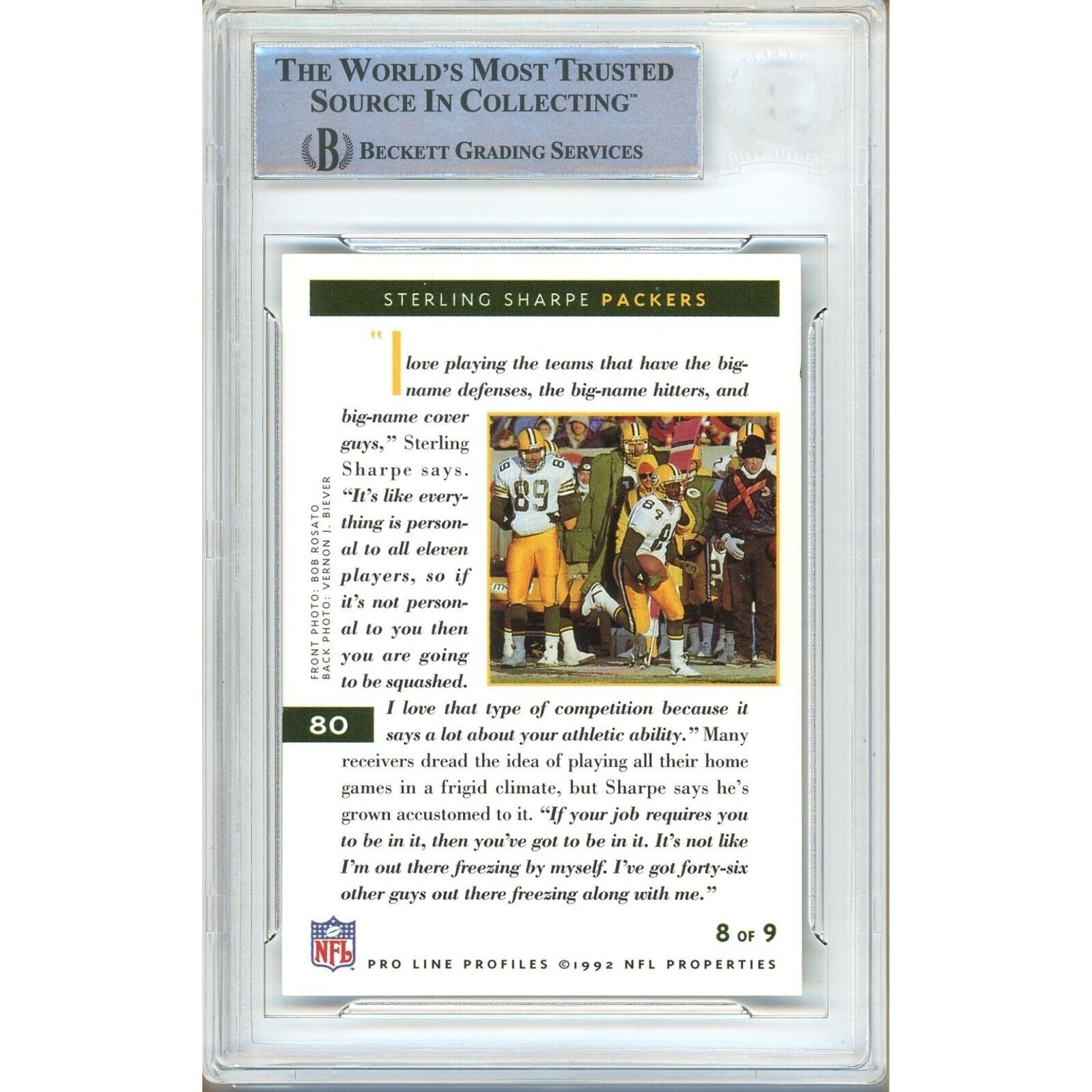 Sterling Sharpe Green Bay Packers auto trading card – authentication sticker – Beckett COA