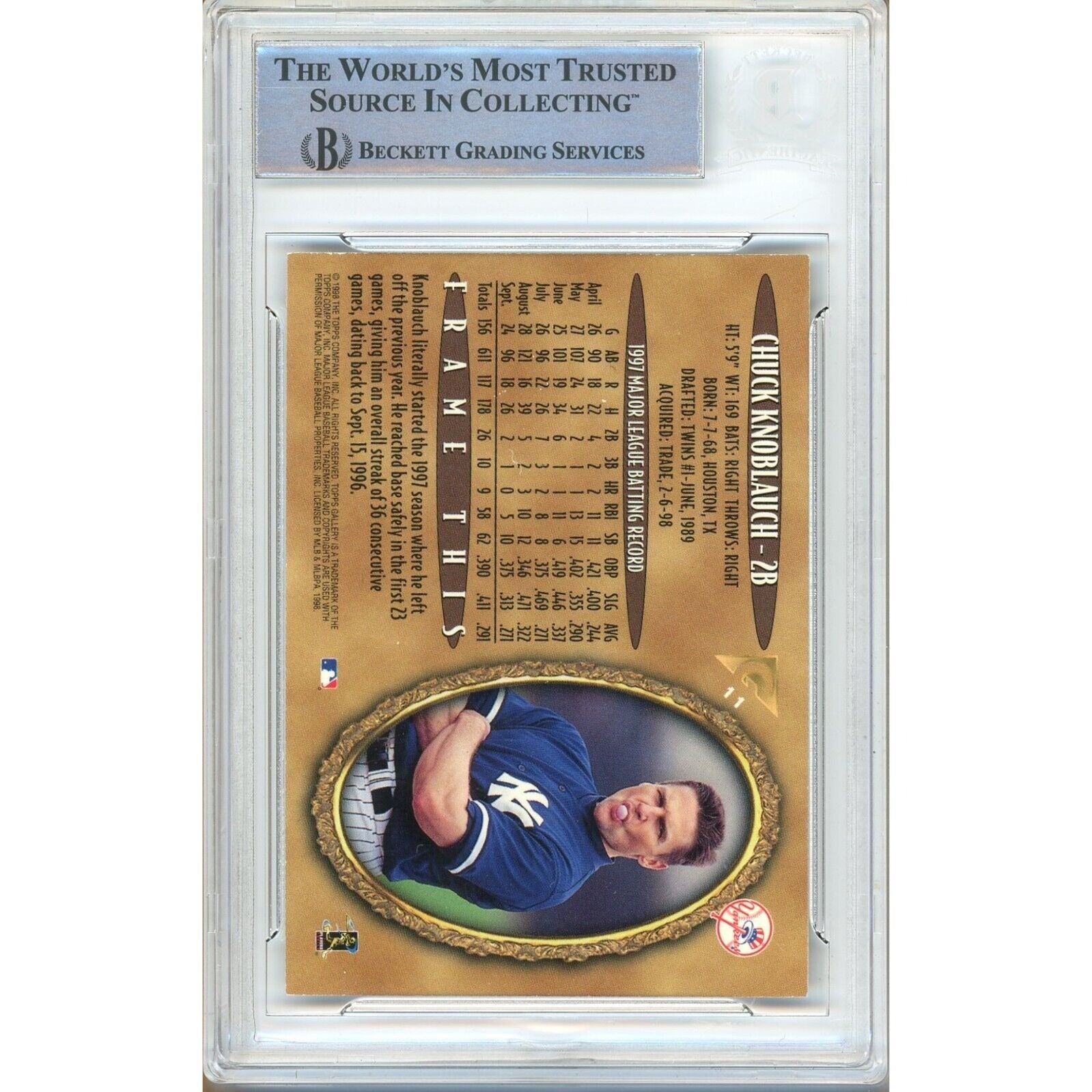 1998 Topps #11 Chuck Knoblauch New York Yankees Autograph Trading Card – Beckett BAS