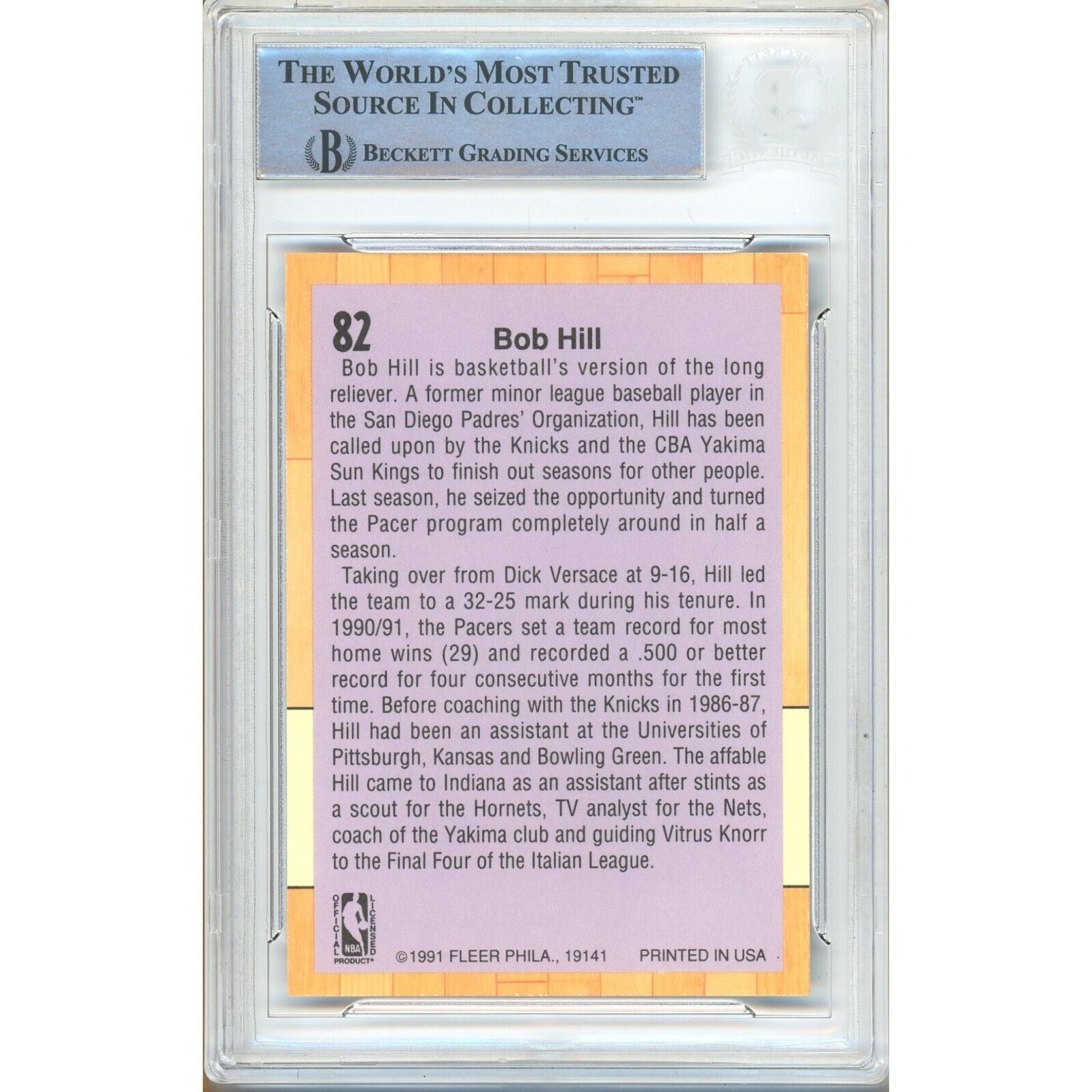 1991 Fleer #82 Bob Hill Indiana Pacers Signed Trading Card – Beckett BAS