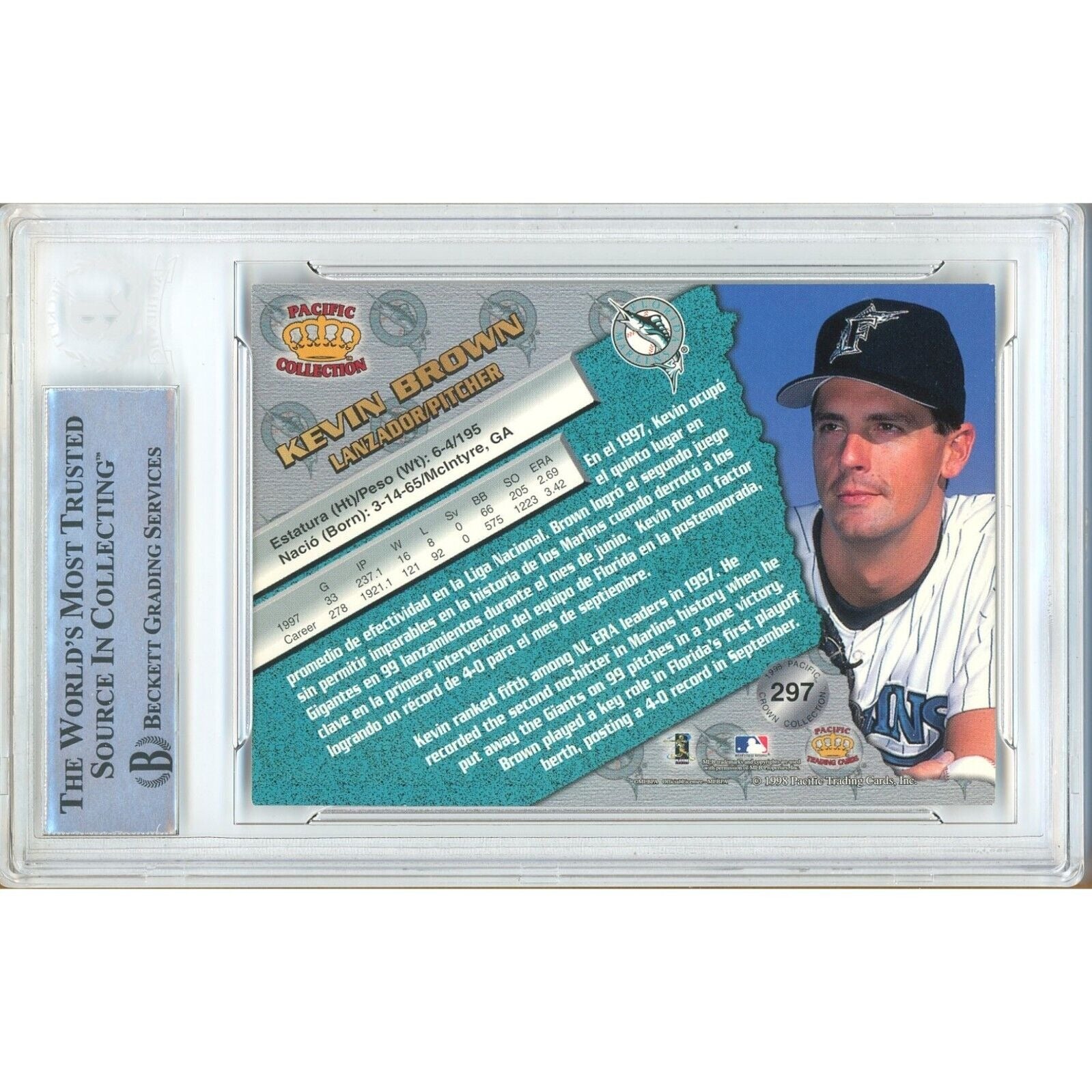 1998 Pacific #297 Kevin Brown Miami Marlins Signed Trading Card – Beckett BAS.