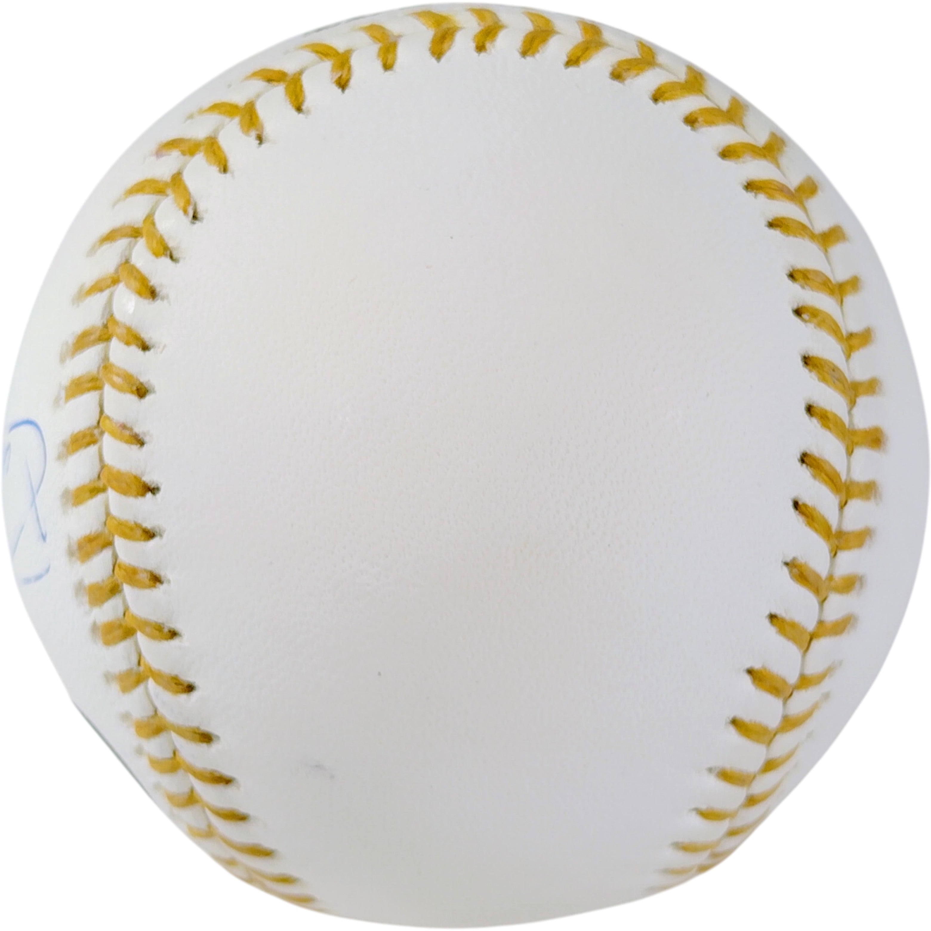 White baseball with yellow stitching on a white background