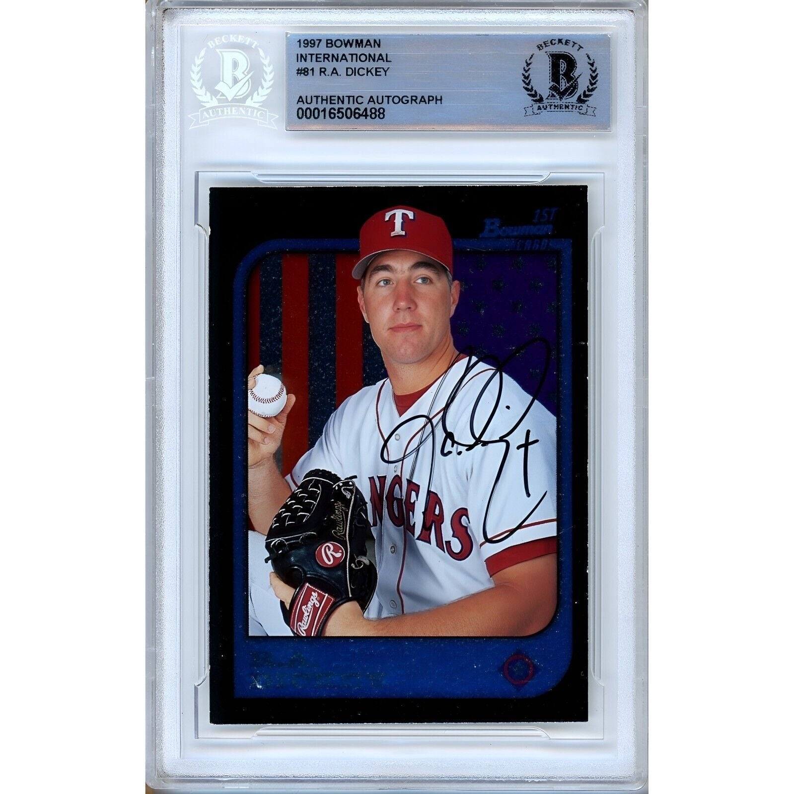 R.A. Dickey Texas Rangers autographed trading card – full view – Beckett COA