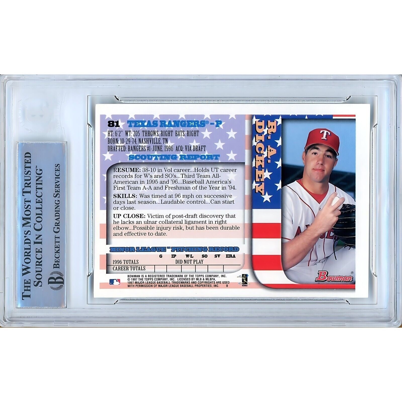 R.A. Dickey Texas Rangers signed trading card – signature close-up – Beckett COA