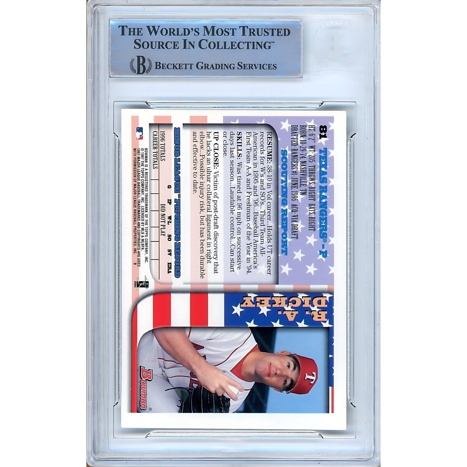 R.A. Dickey Texas Rangers auto trading card – authentication sticker – Beckett COA