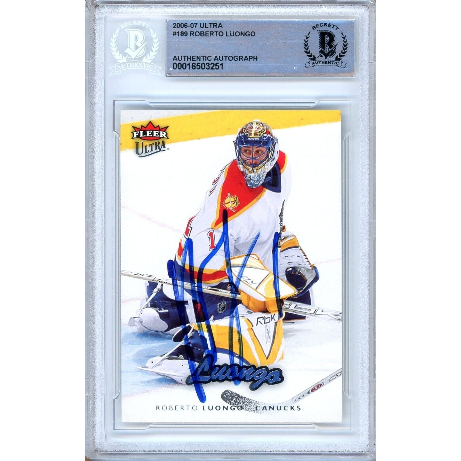 Roberto Luongo Florida Panthers autographed trading card – full view – Beckett COA