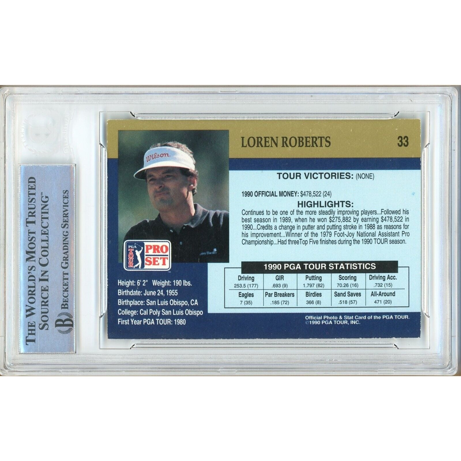1990 PGA Tour Pro Set #33 Loren Roberts Signed Trading Card – Beckett BAS.