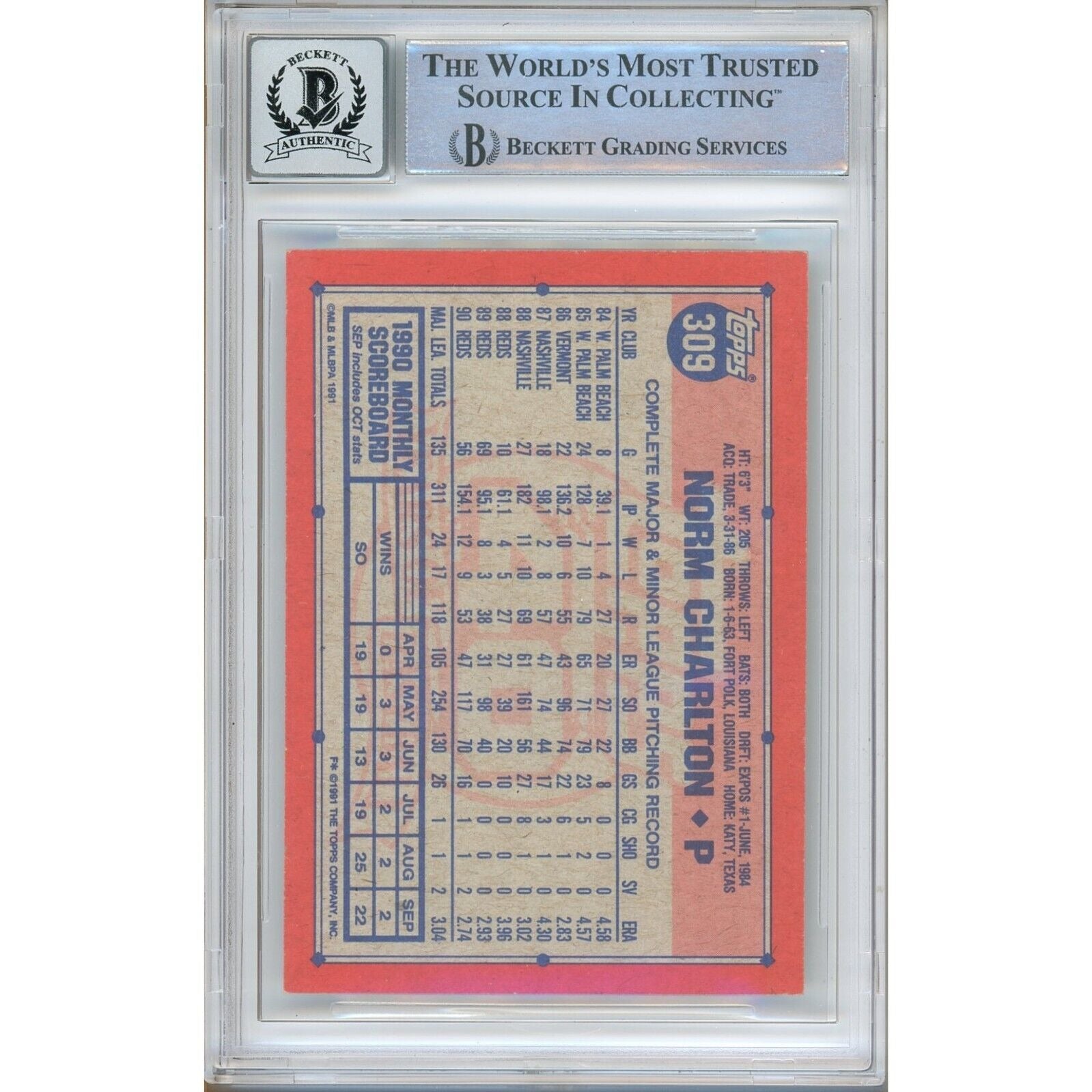 Norm Charlton Cincinnati Reds Signed Autograph Trading Card Beckett BGS