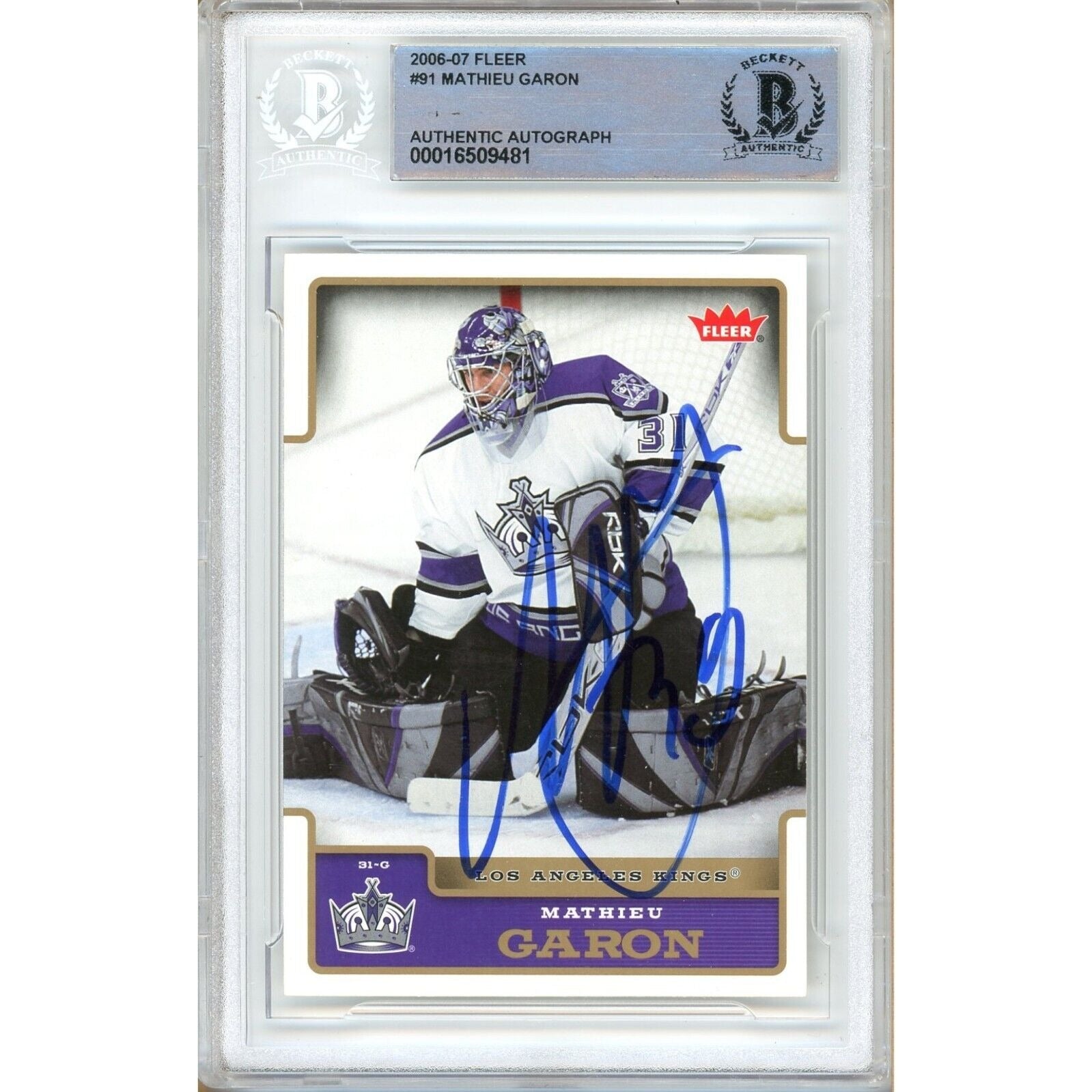 Mathieu Garon Los Angeles Kings autographed trading card – full view – Beckett COA