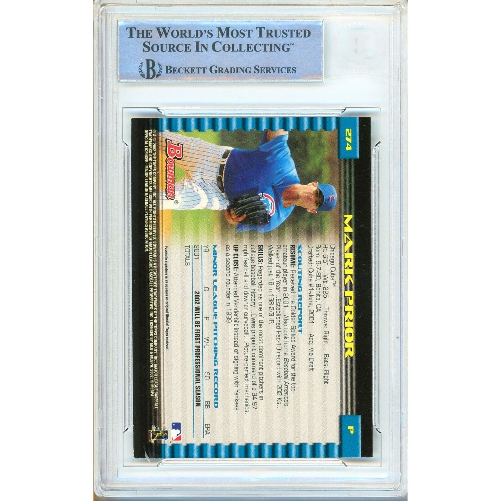 Mark Prior Chicago Cubs auto trading card – authentication sticker – Beckett COA