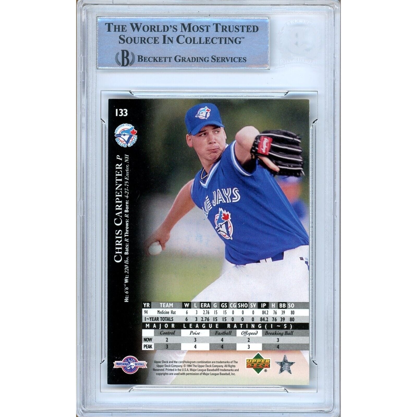 1995 Upper Deck #133 Chris Carpenter Toronto Blue Jays Signed Trading Card – Beckett BAS