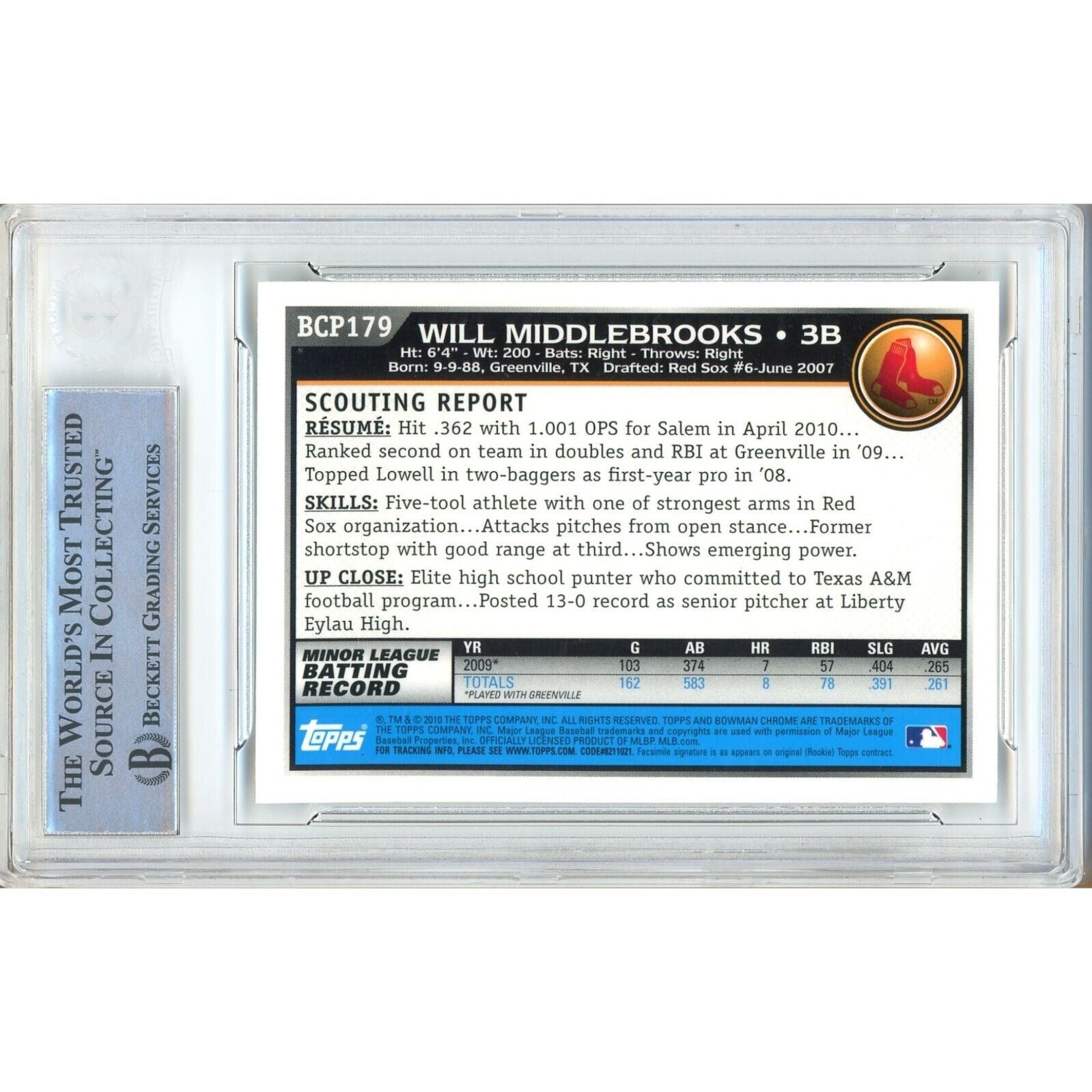 Will Middlebrooks Boston Red Sox signed trading card – signature close-up – Beckett COA