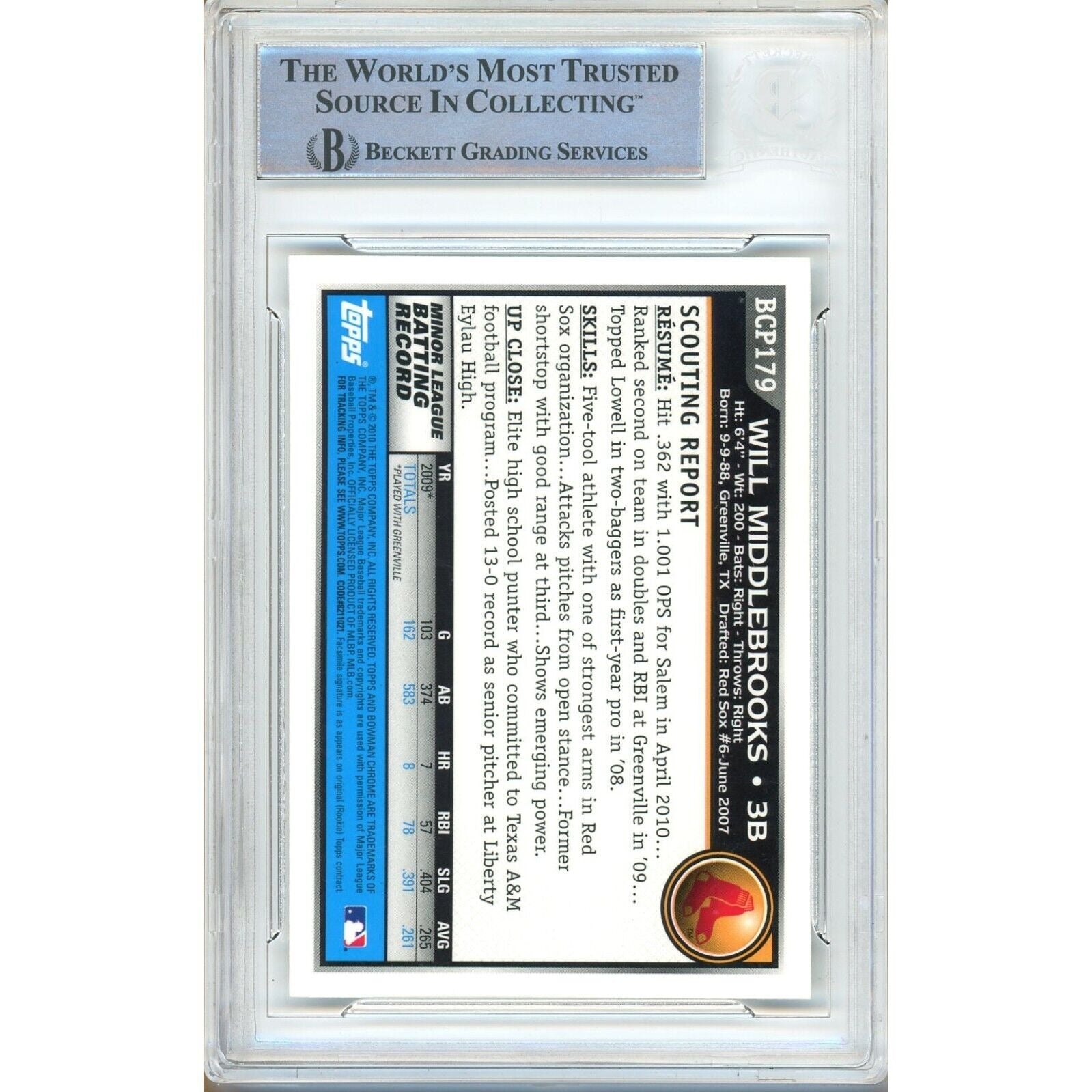 Will Middlebrooks Boston Red Sox auto trading card – authentication sticker – Beckett COA