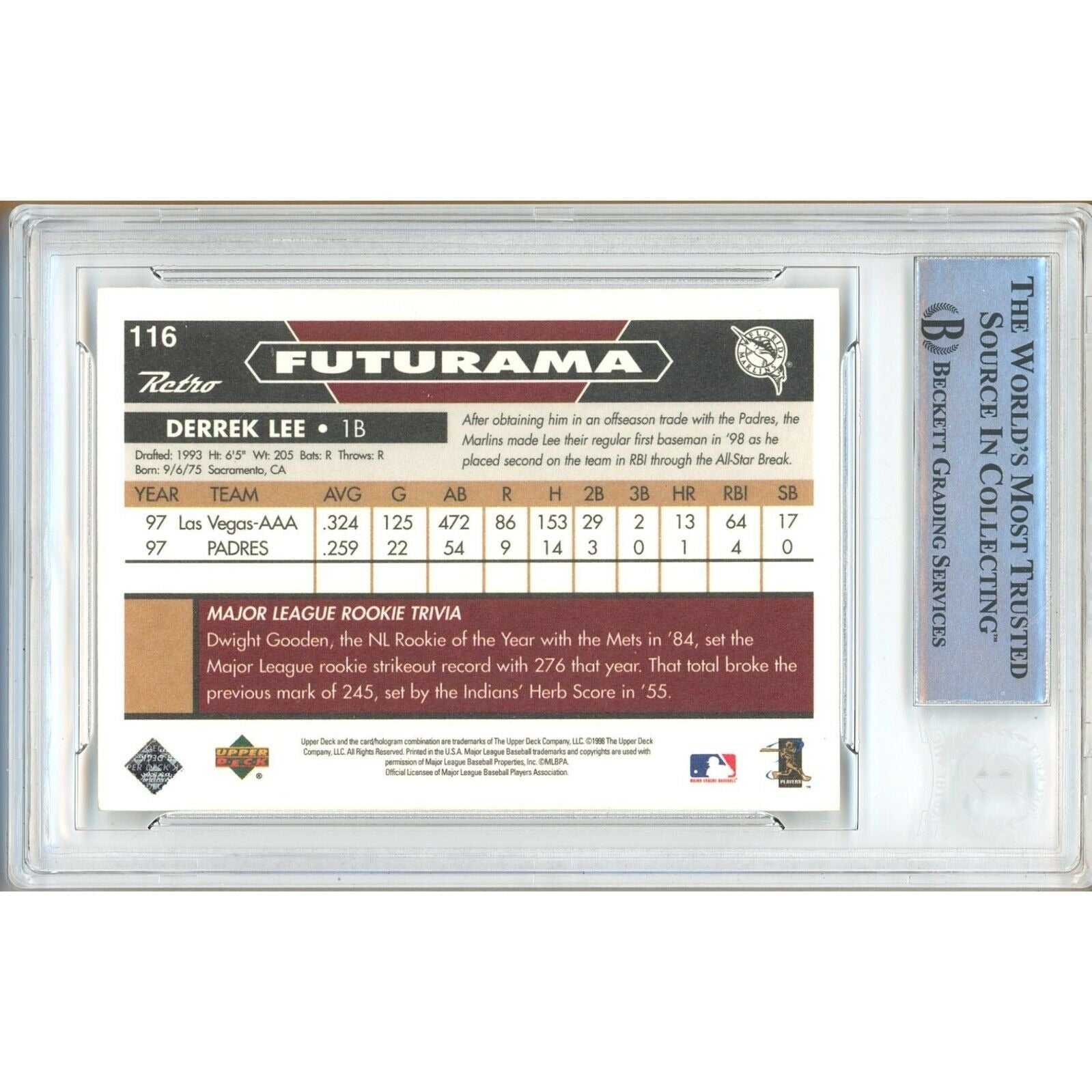 Derrek Lee Miami Marlins signed trading card – signature close-up – Beckett COA