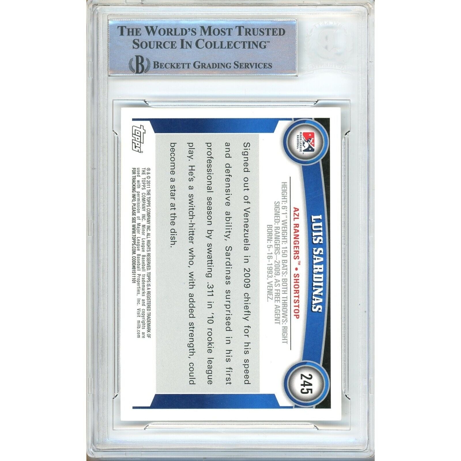 2011 Topps #245 Luis Sardinas Texas Rangers Autograph Trading Card – Beckett BAS.