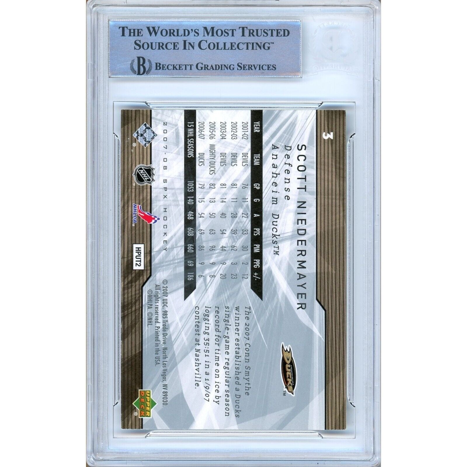 Scott Niedermayer Anaheim Ducks trading card autograph – angled display – Beckett COA