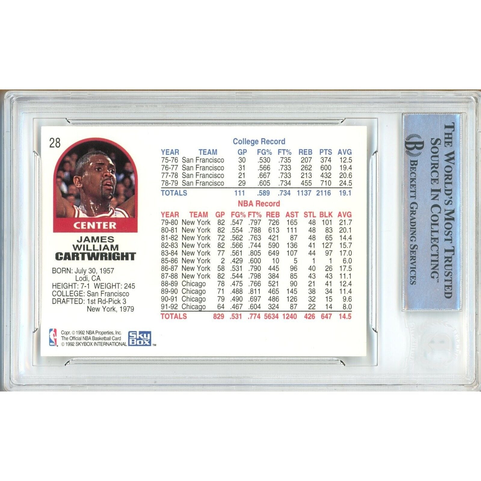 1992 Bill Cartwright Chicago Bulls Signed Trading Card – Beckett BAS
