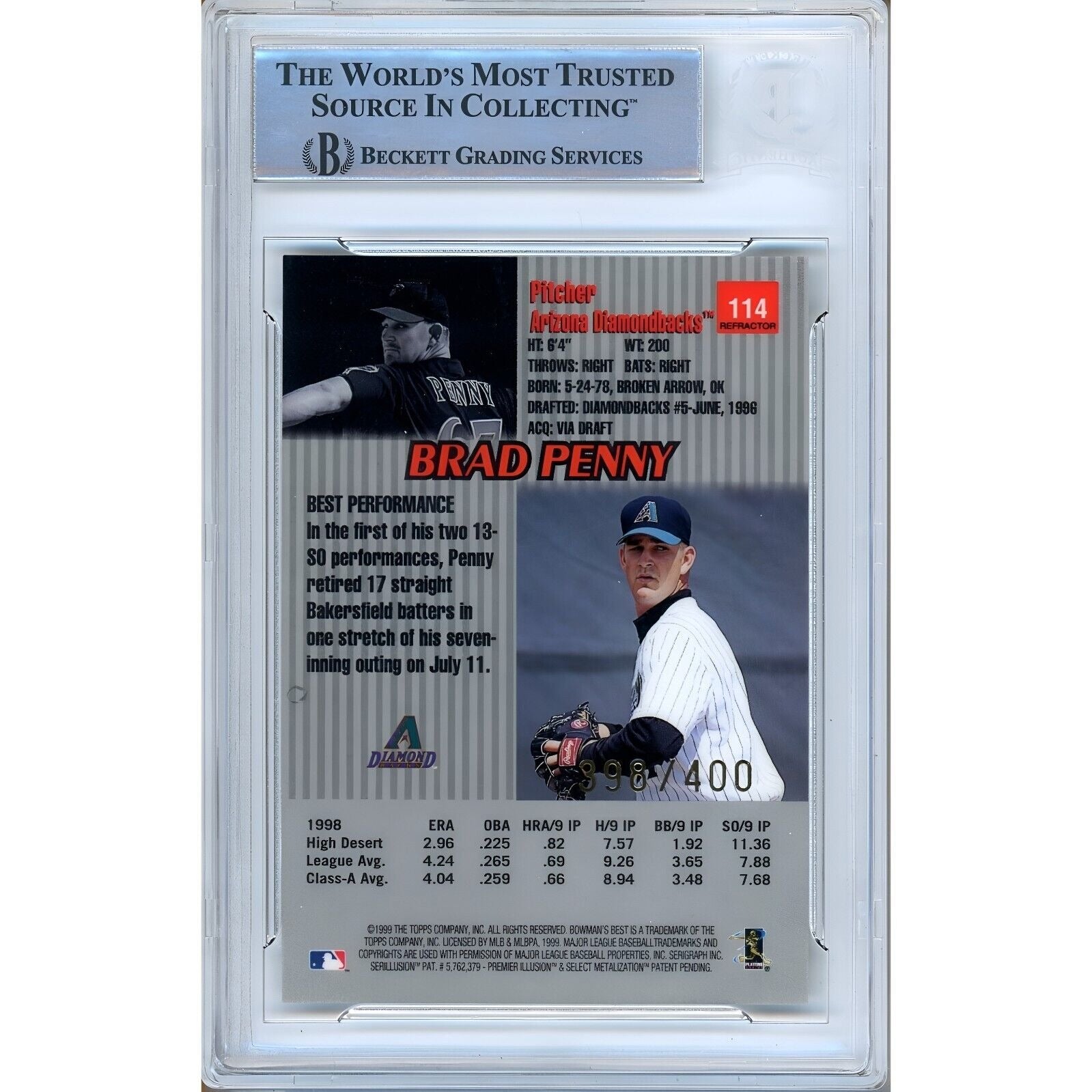 1999 Bowman Brad Penny AZ Diamondbacks Signed Trading Card – Beckett BAS