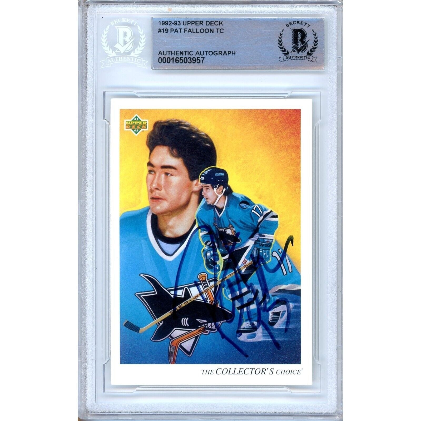 Pat Falloon San Jose Sharks autographed trading card – full view – Beckett COA